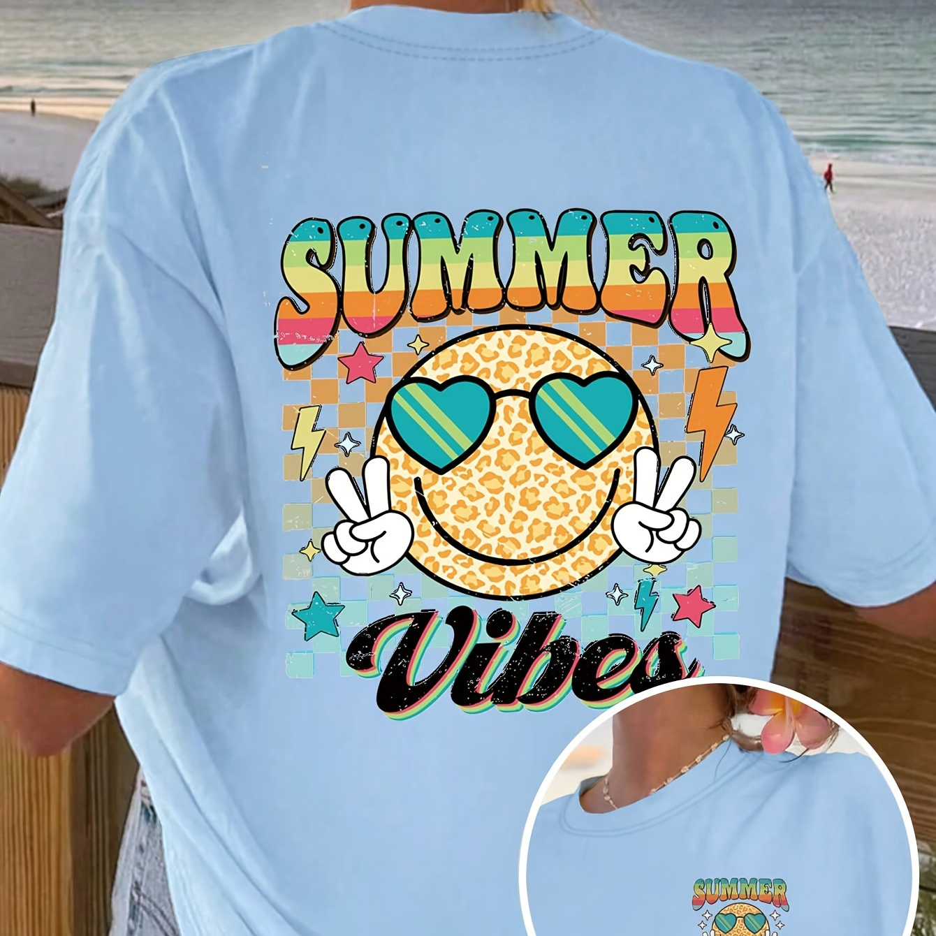 

T-shirt ras du cou à imprimé Summer Vibes, haut décontracté à manches courtes pour l'été et le printemps, vêtements pour femmes