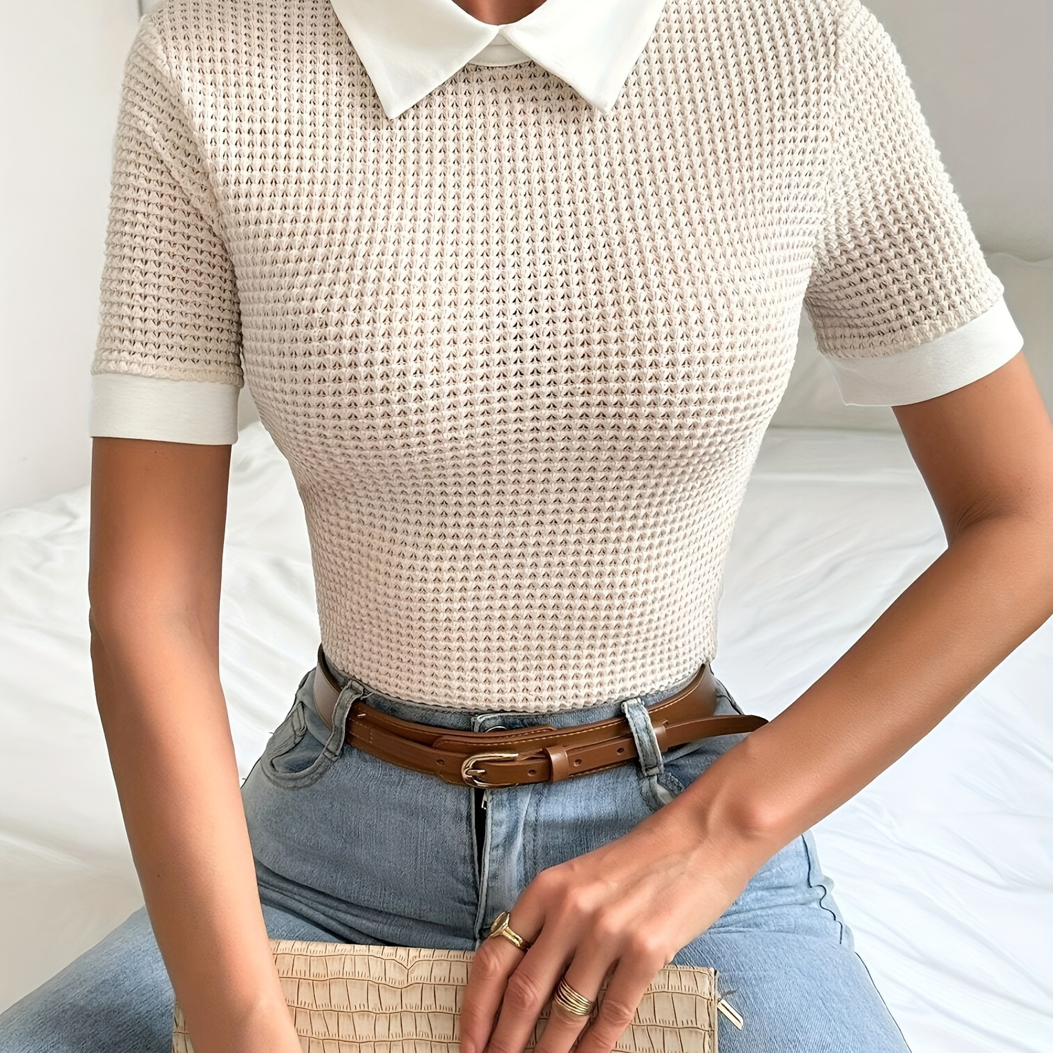 

Textured Collar Neck Slim T-shirt, Elegant Short Sleeve T-shirt For Spring & Summer, Women's Clothing