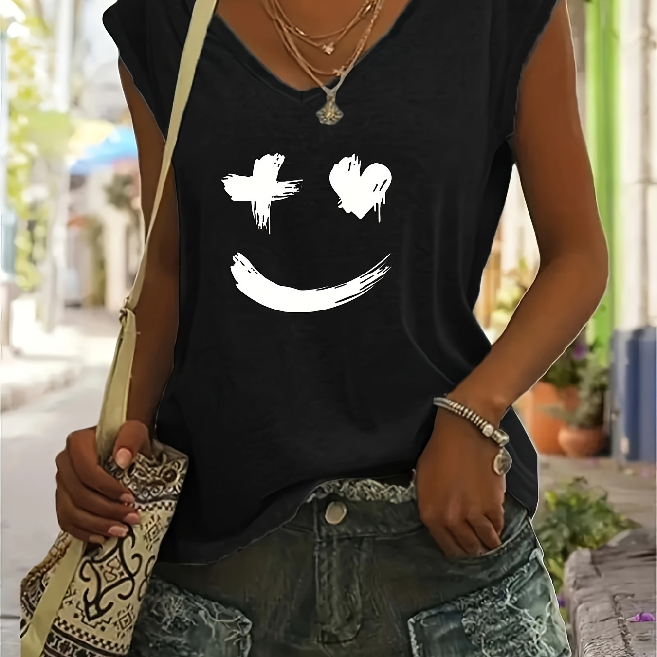 

Cute Smile Print V-neck T-shirt, Casual Cap Sleeve T-shirt For Spring & Summer, Women's Clothing