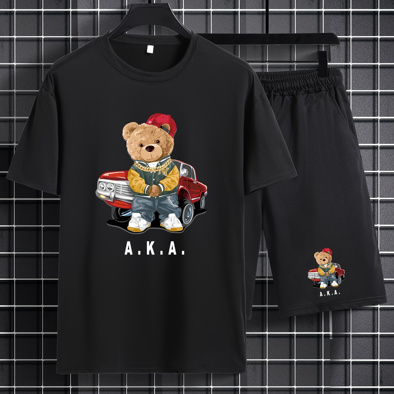 

Cartoon Bear With Vintage Car Graphic Print, 2pcs Trendy Outfits For Men, Men’s Casual Crew Neck Short Sleeve T-shirt And Drawstring Shorts Set For Summer, Men's Clothing For Vacation And Workout
