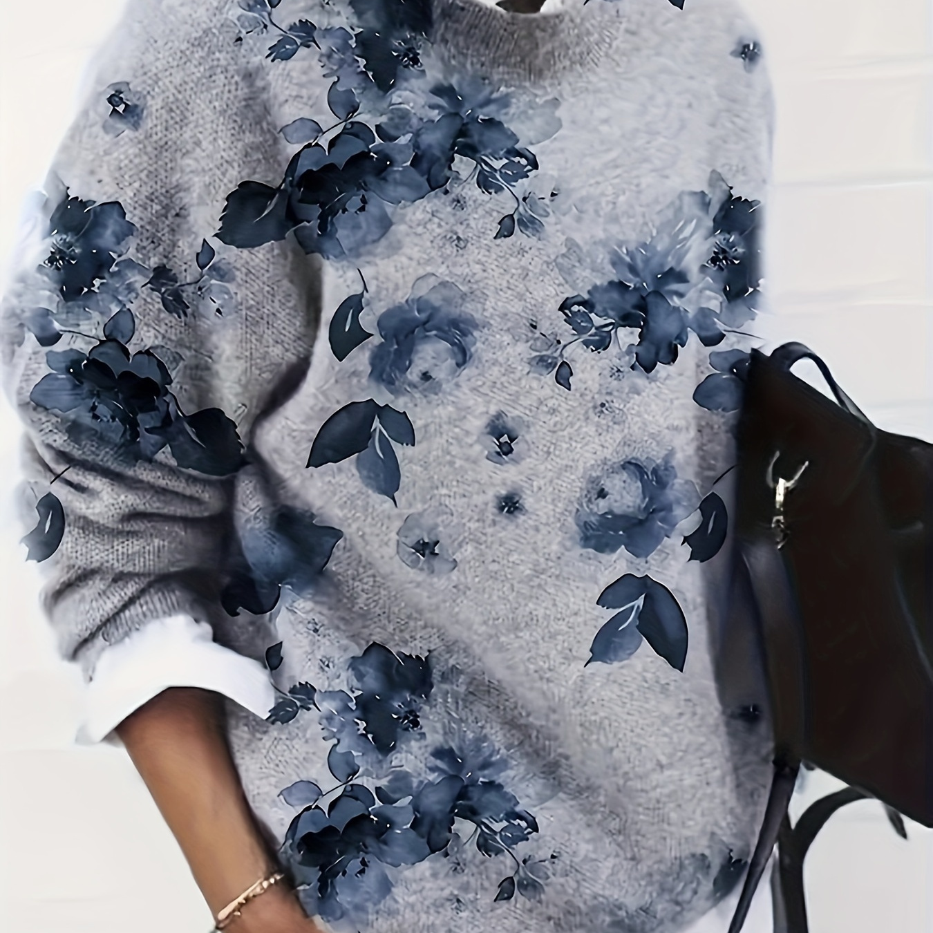 

Chic Floral Neck Sweater For Women - Casual Long Sleeve, Loose Fit Pullover, Polyester