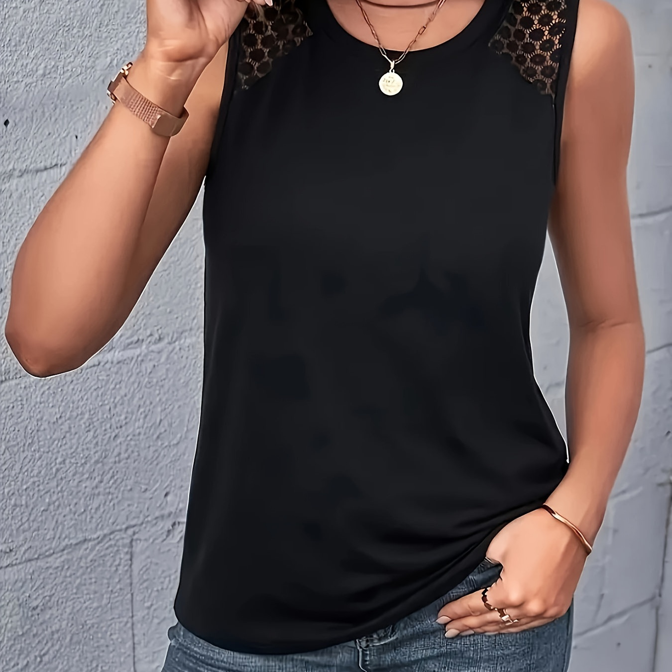 

Lace Splicing Crew Neck Tank Top, Casual Sleeveless Top For Spring & Summer, Women's Clothing