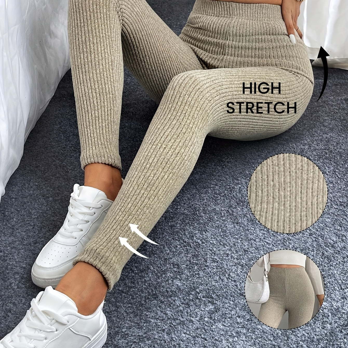 

Women's High-waisted Ribbed Skinny Pants, Casual Solid Color Knit Fabric Tights, Polyester 95% Elastane 5% Stretchy Slim Fit Leggings For Fall/winter