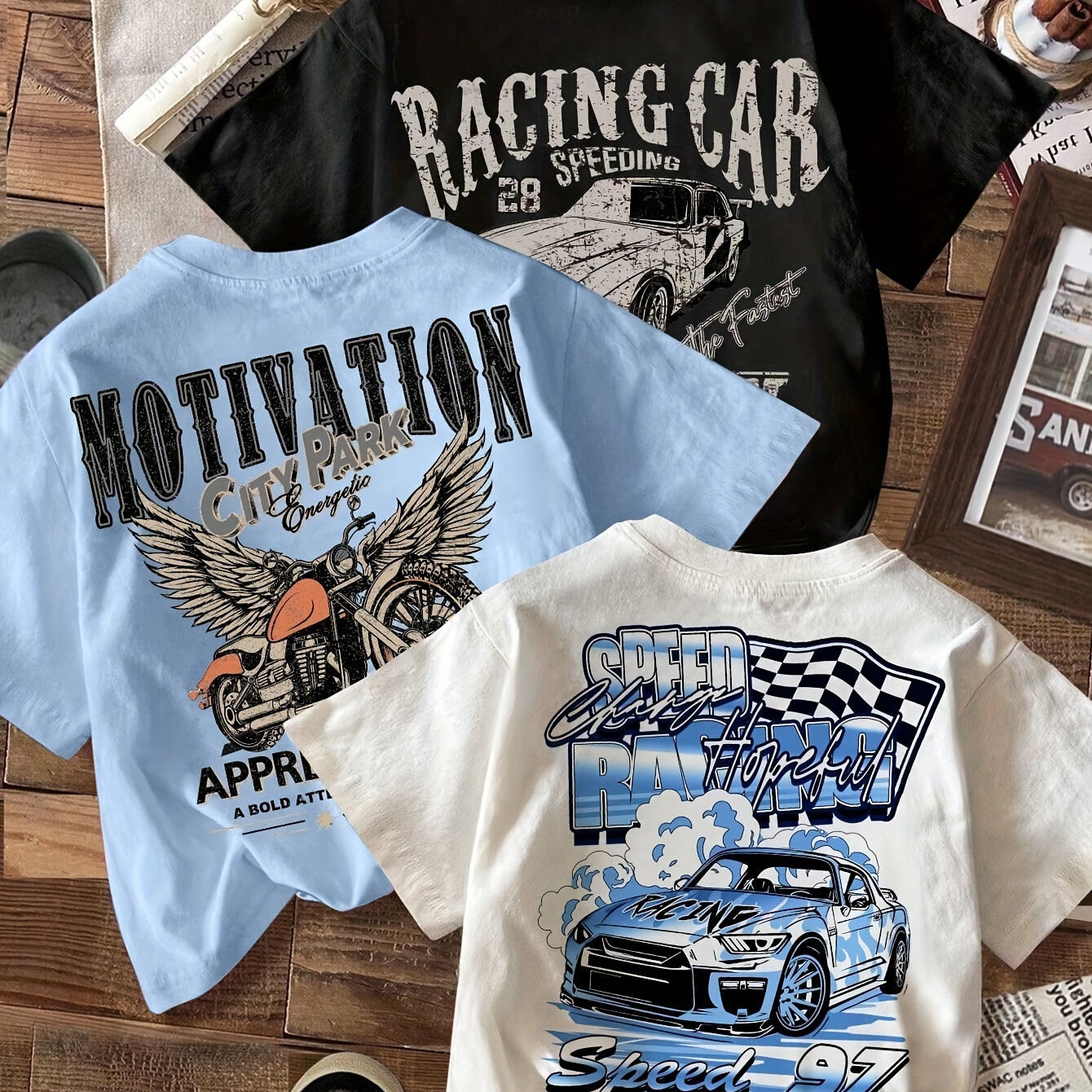 

3pcsset Automotive, Motorcycle, Car Pattern Fit Cropped T-shirts For , Summer