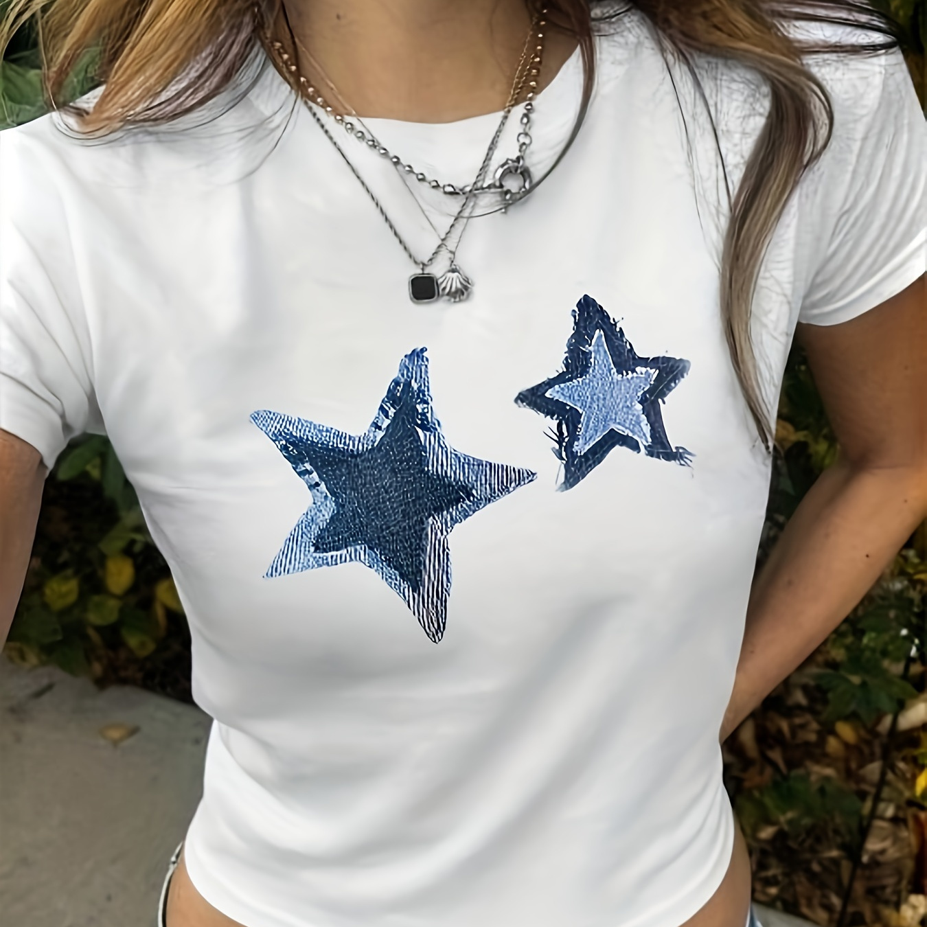 

Star Print Crew Neck T-shirt, Y2k Short Sleeve Crop Top For Spring & Summer, Women's Clothing