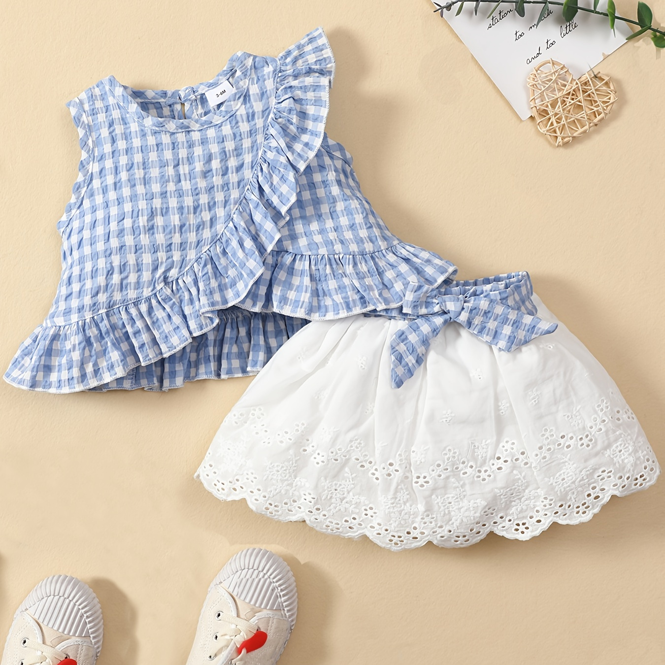 

Baby Girls Casual Cute Plaid Print Top & Lace Hem Skirt Set For Summer Holiday, Coquette Style