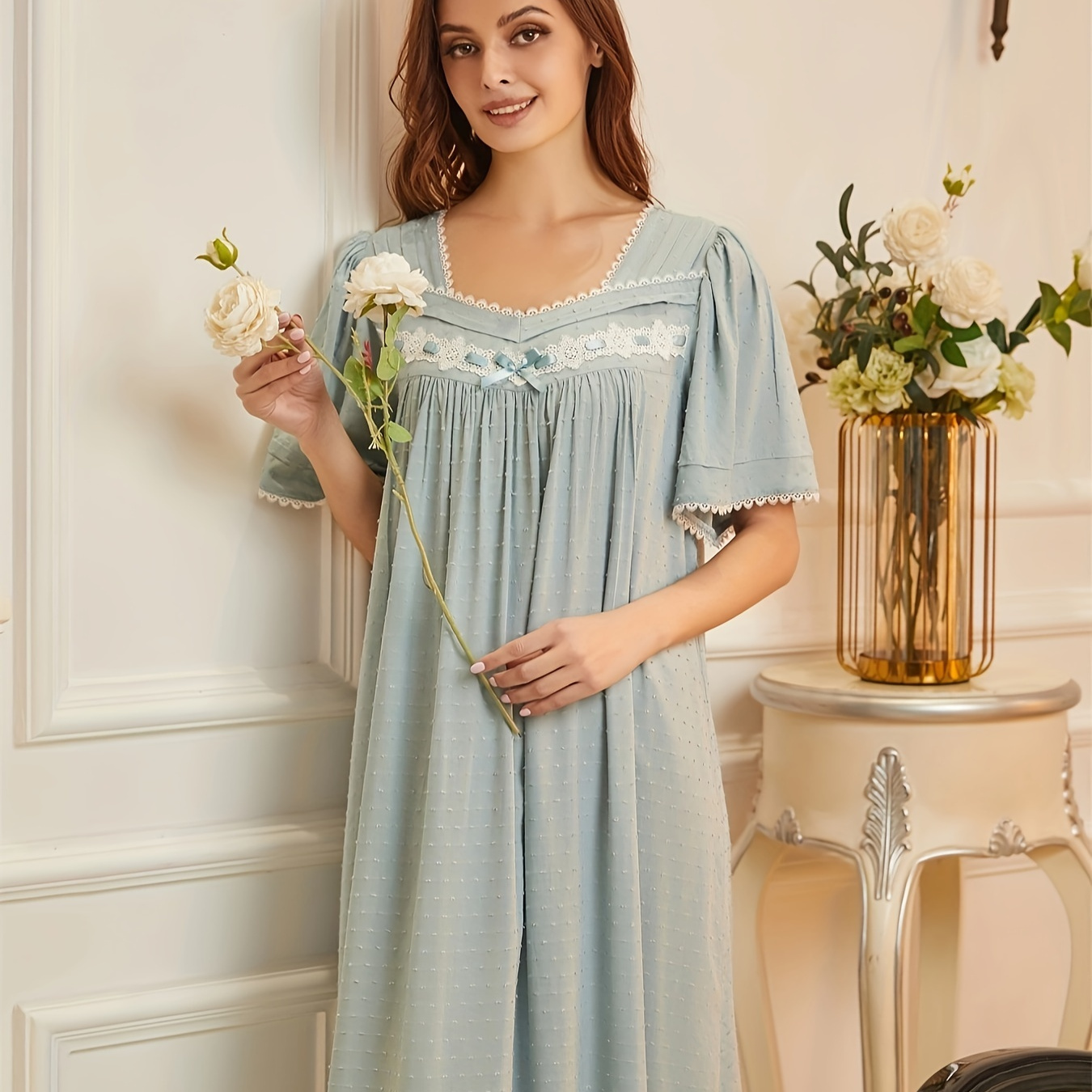 

Women's Retro Swiss Dot Lace Trim Sleepwear Dress, Flutter Sleeve Square Neck Loose Fit Maxi Dress, Comfortable Nightgown