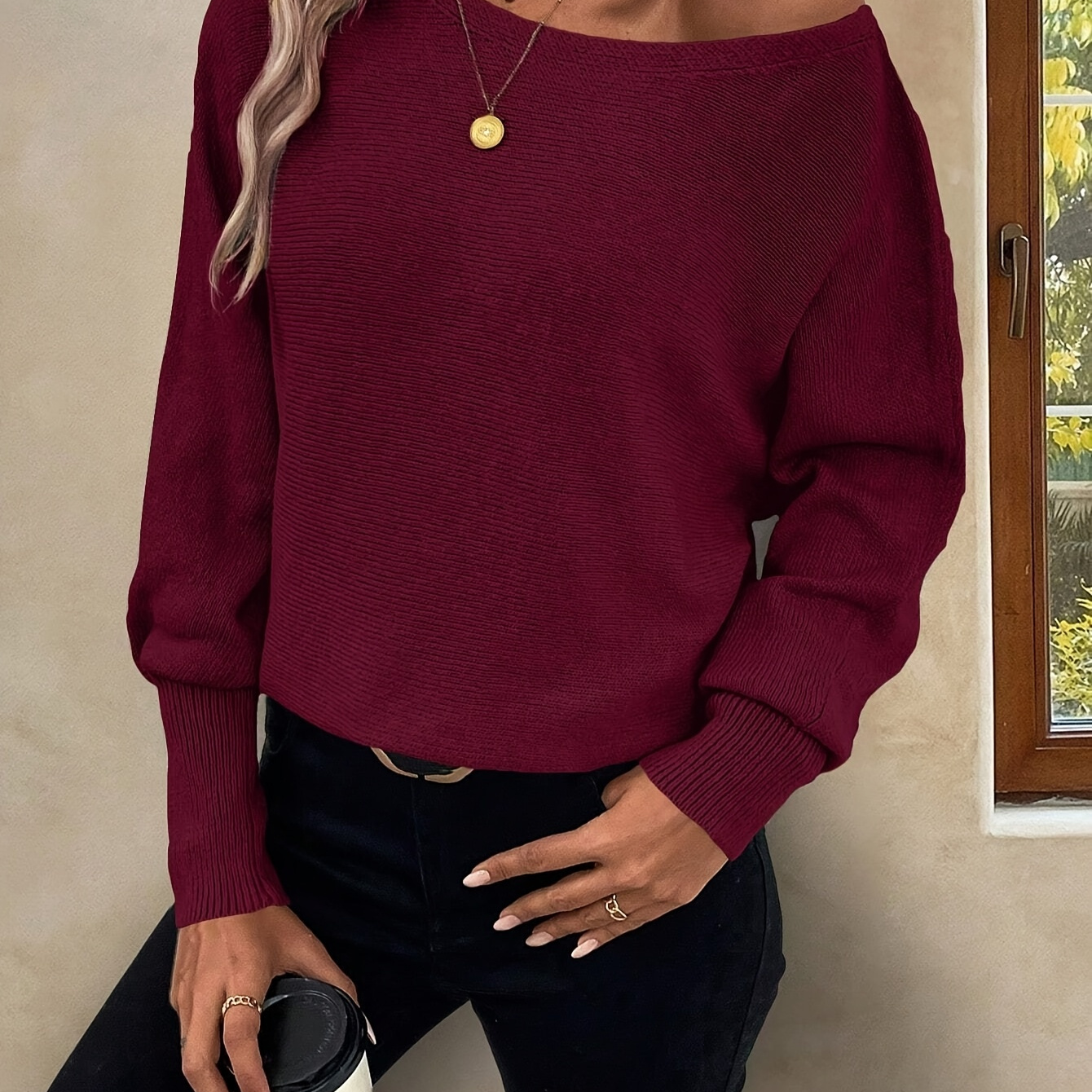 Women'S Off-Shoulder Sweater with Batwing Sleeves - Elegant Maroon Top, Loose Fit, Fall/Winter Style, Casual Attire|Elegant Offshoulder Top|Cozy Fabric