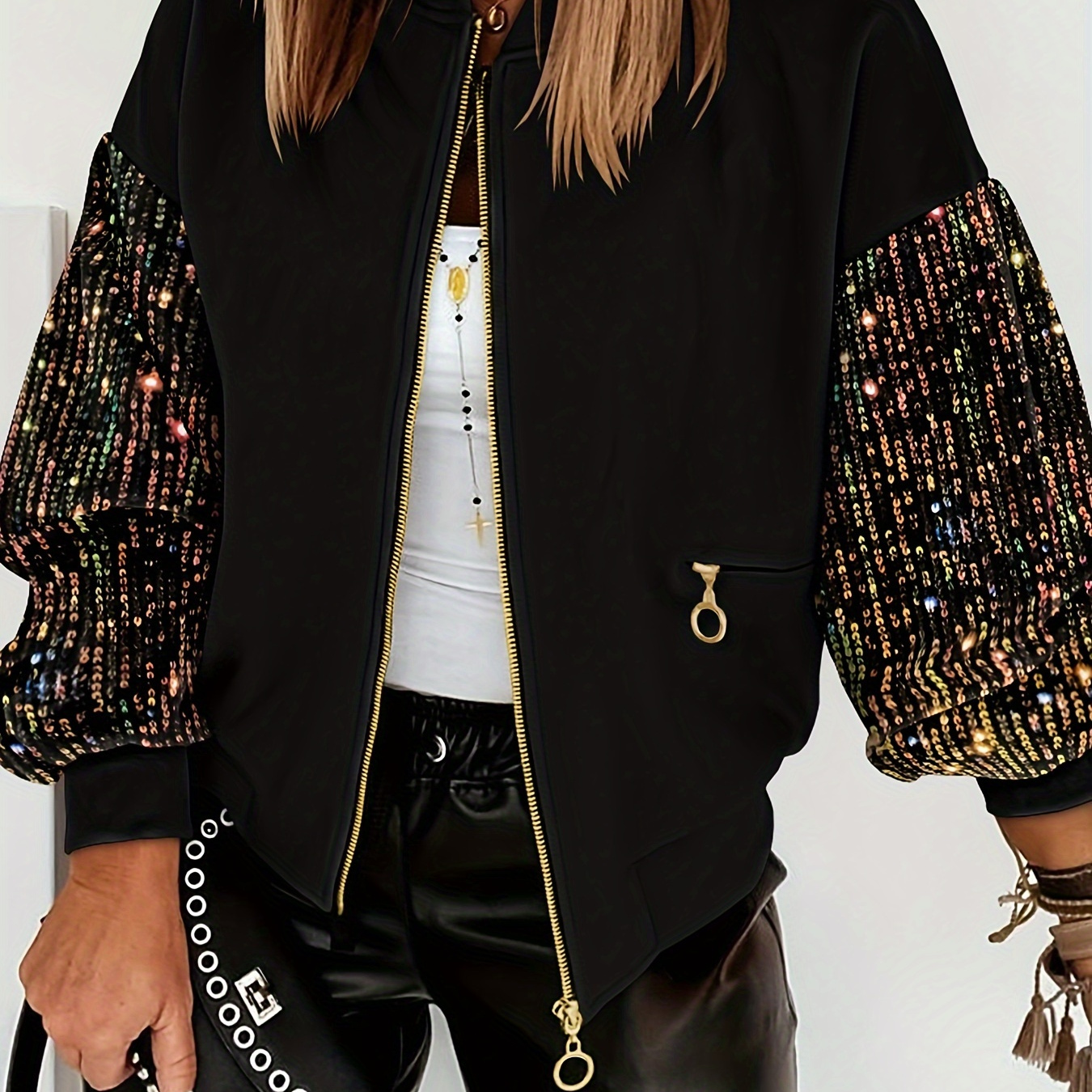 

Women's Chic Black Sequin Jacket - Casual Polyester Zip-up With Sparkling Detail, Machine Washable, Round Neck - All