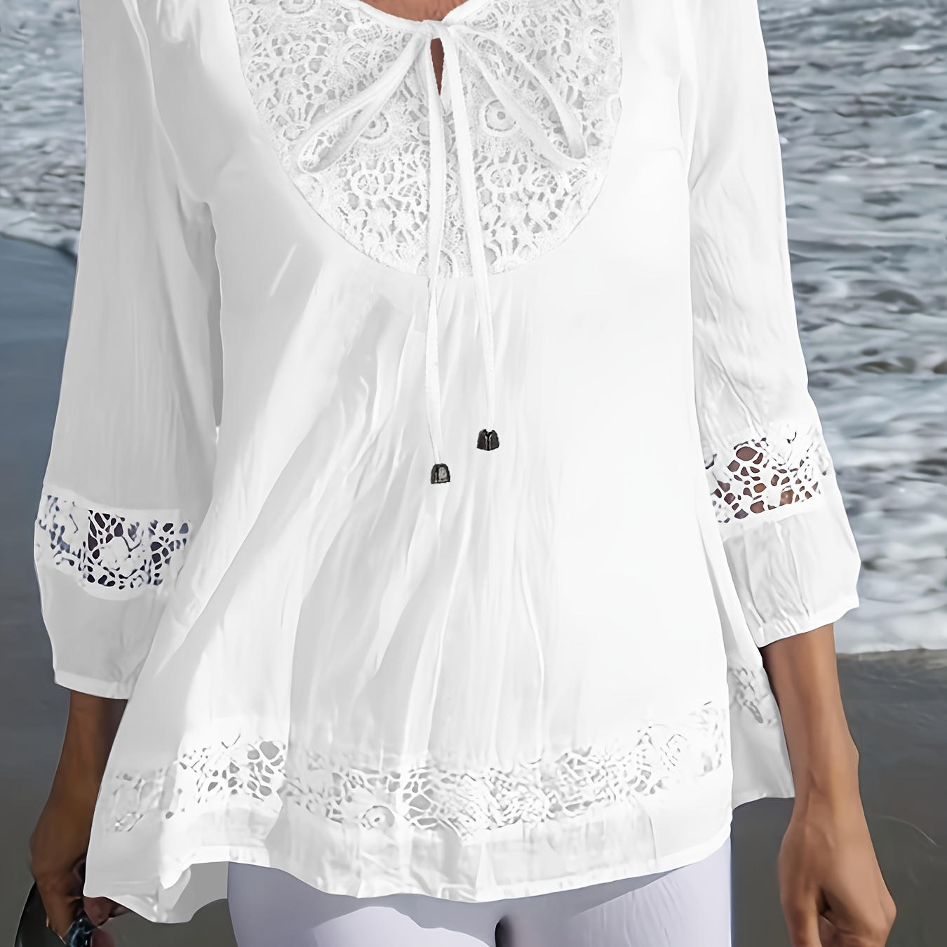 

Contrast Lace Tie Neck Blouse, Elegant 3/4 Sleeve Blouse For Spring & Summer, Women's Clothing