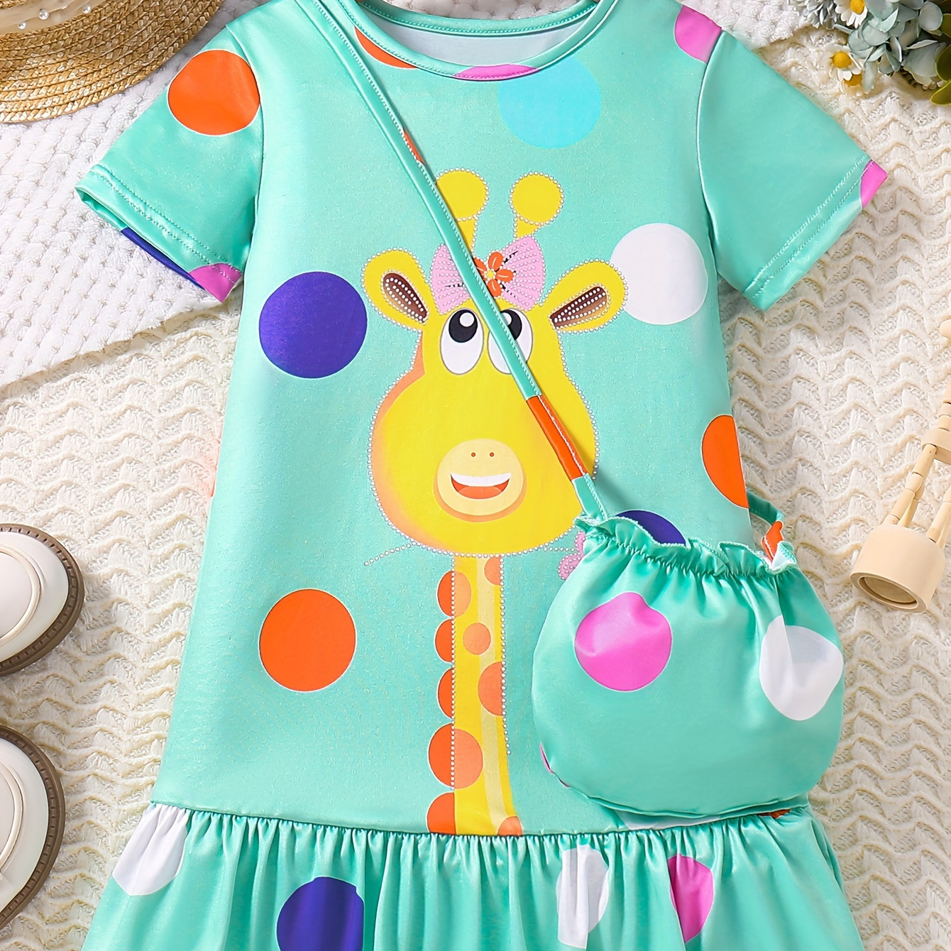 

Girls Colorful Polka Dot Giraffe Print Short Sleeve Ruffle Hem Going Out Dress & Bag For Summer