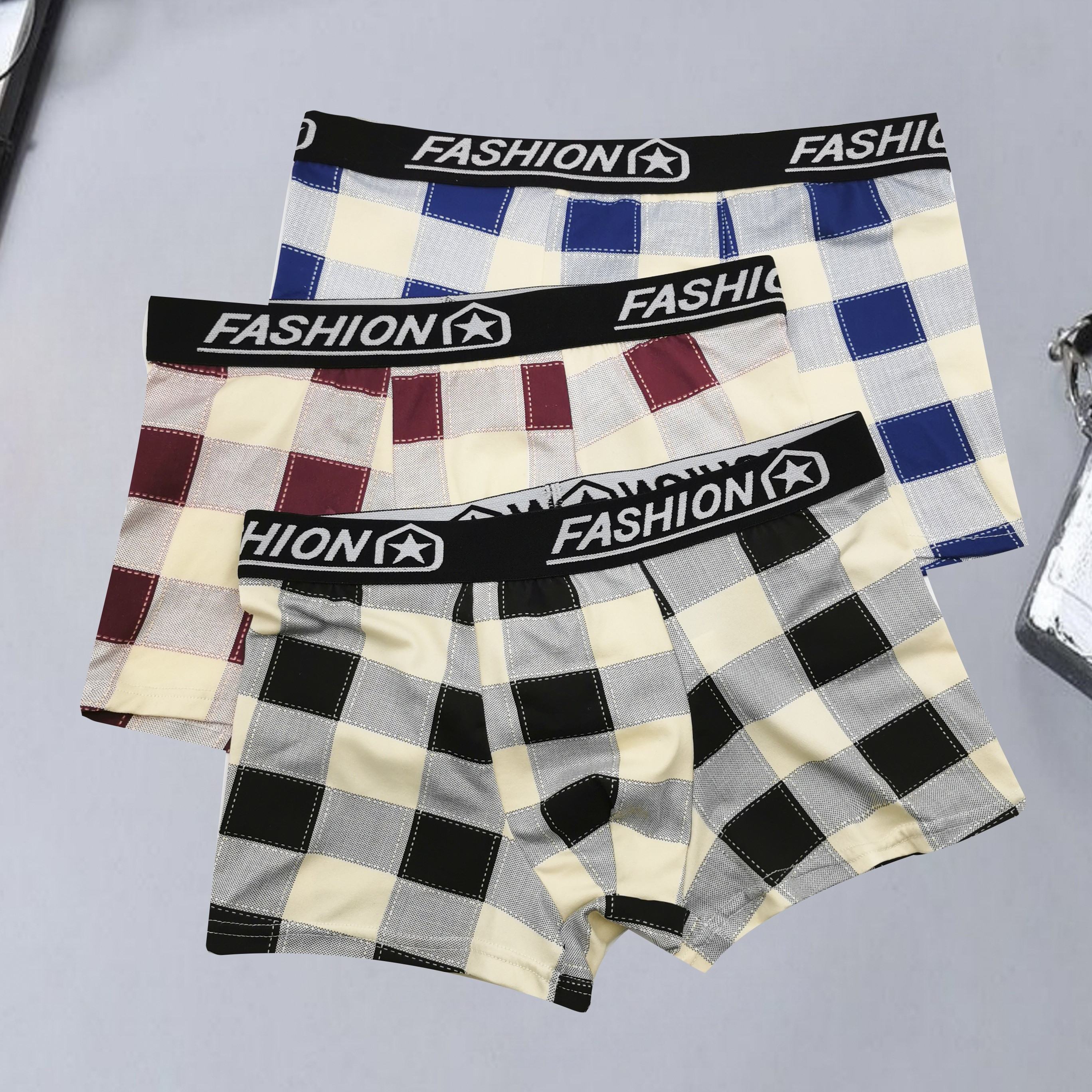 

3pcs Men's Classic Plaid Boxer Briefs, Breathable Comfy Boxer Trunks, Students Elastic Sports Shorts, Teenagers Casual & Durable Underwear Ideal For Everyday Comfort