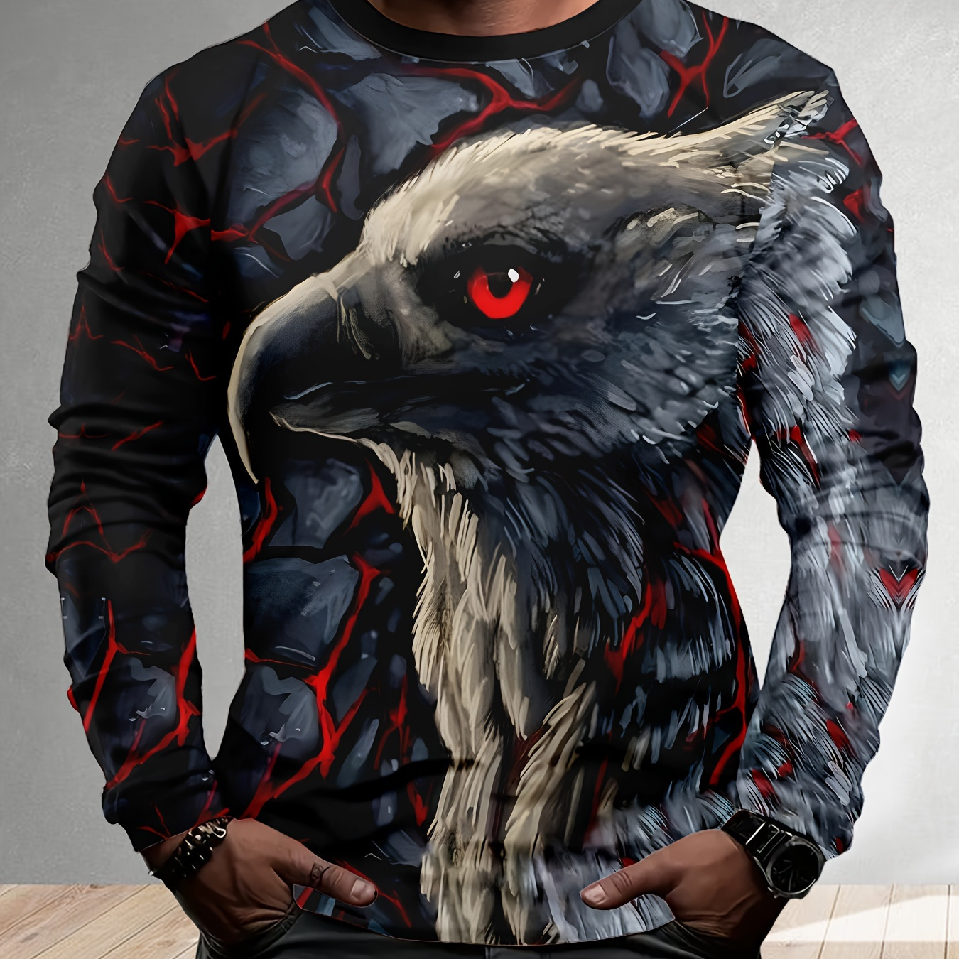 

Men's Eagle T-shirt, Casual Long Sleeve Crew Neck Tee, Men's Clothing For Outdoor