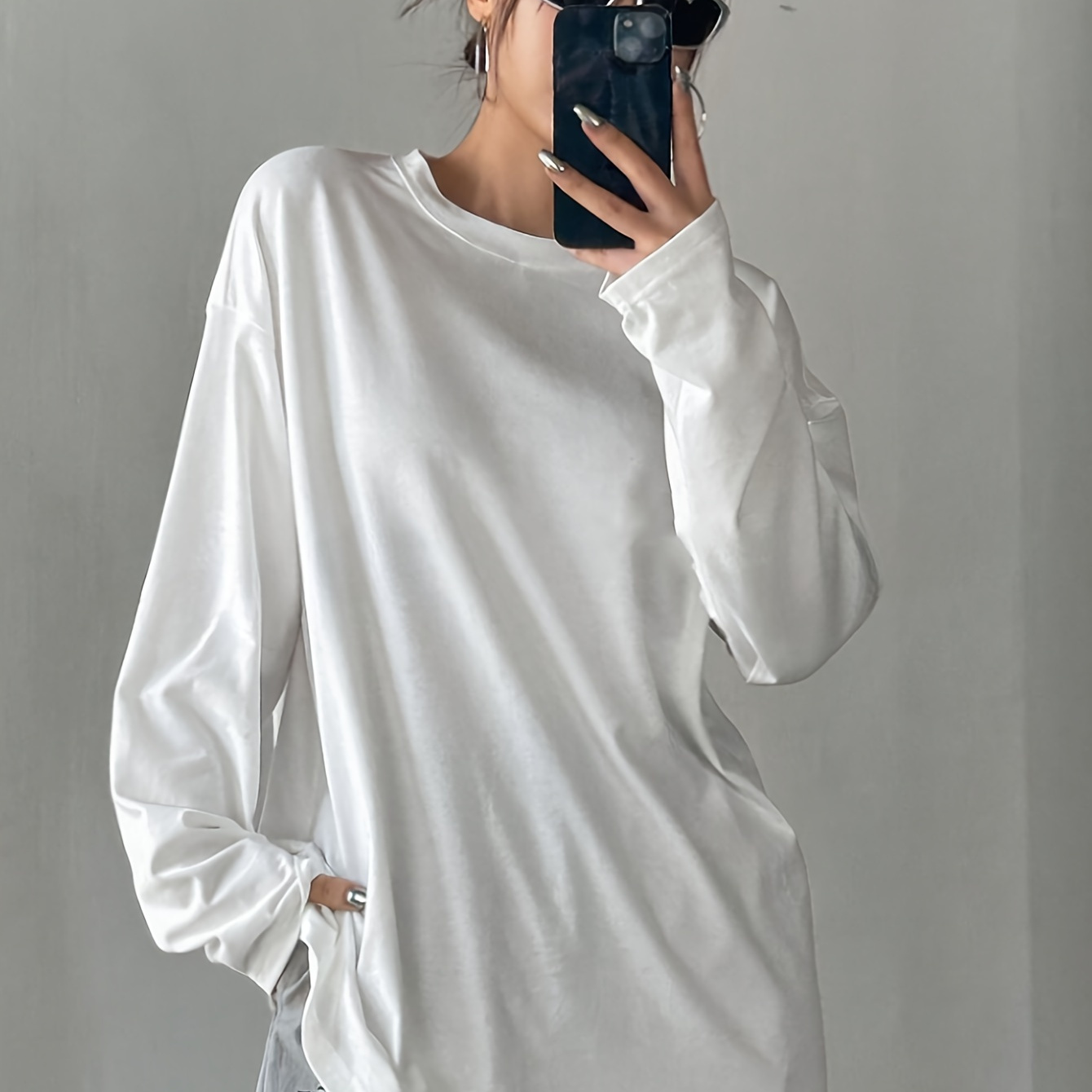 

Women's Casual Crew Neck T-shirt - Long Sleeve Polyester Blend Knit Tee, Solid Color Regular Fit Pullover With Medium Stretch For Fall/winter - Asian Collection