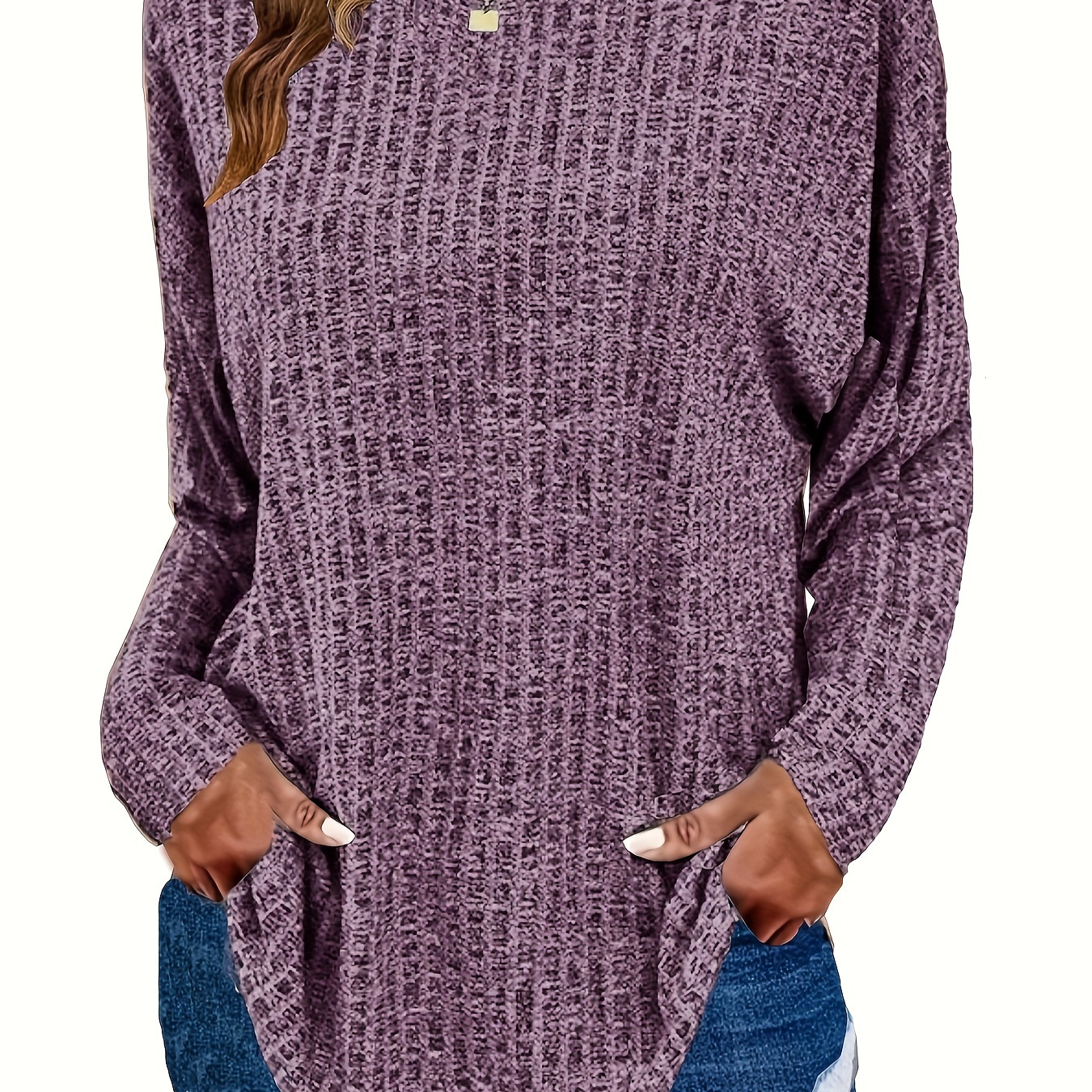 

Plus Size Casual Sweater, Women's Plus Solid Ribbed Long Sleeve Round Neck Knit Top