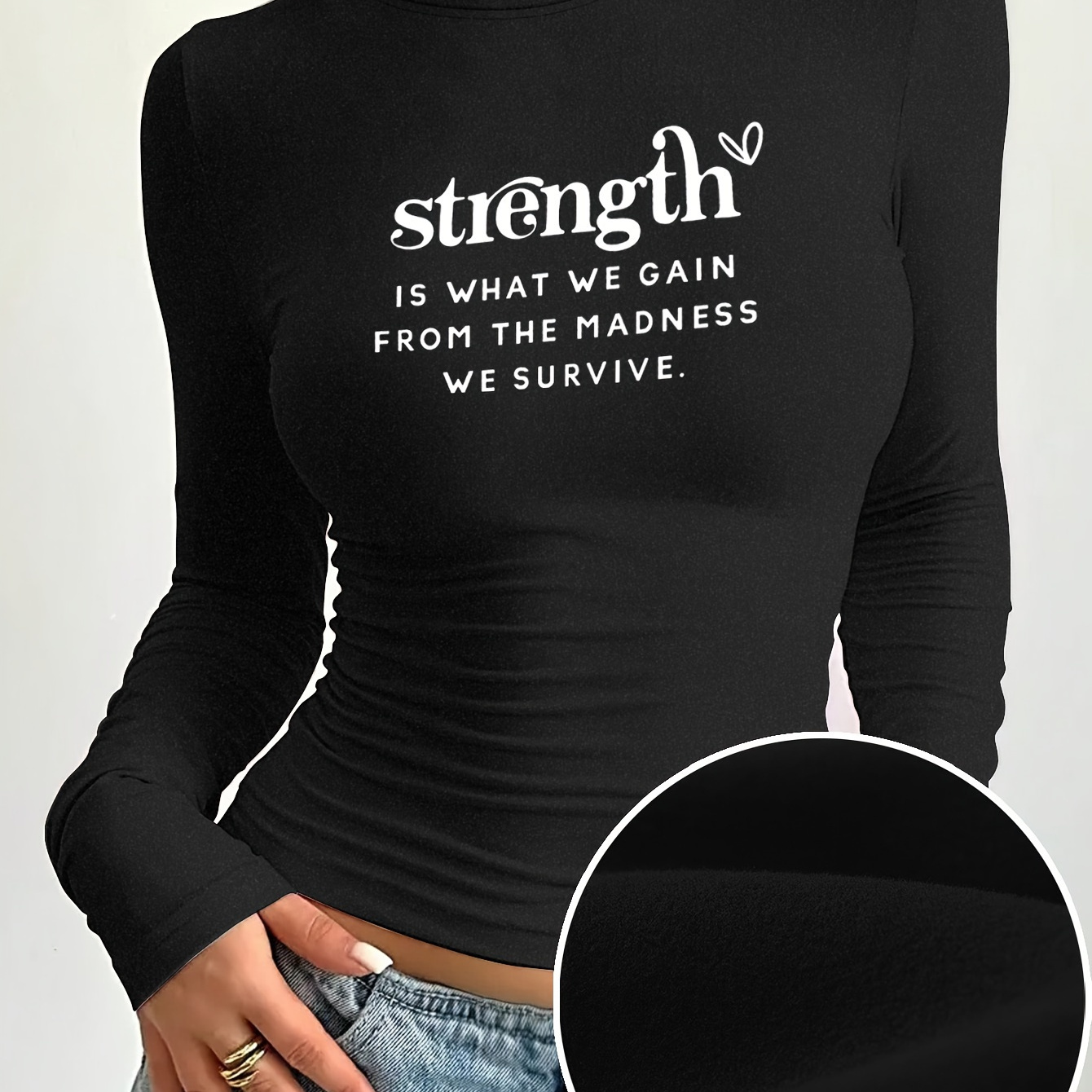 

Women's Elegant Crew Neck Long Sleeve T-shirt With Motivational Quote Applique - Polyester Knit Fabric, Medium Stretch, Fall/winter Top