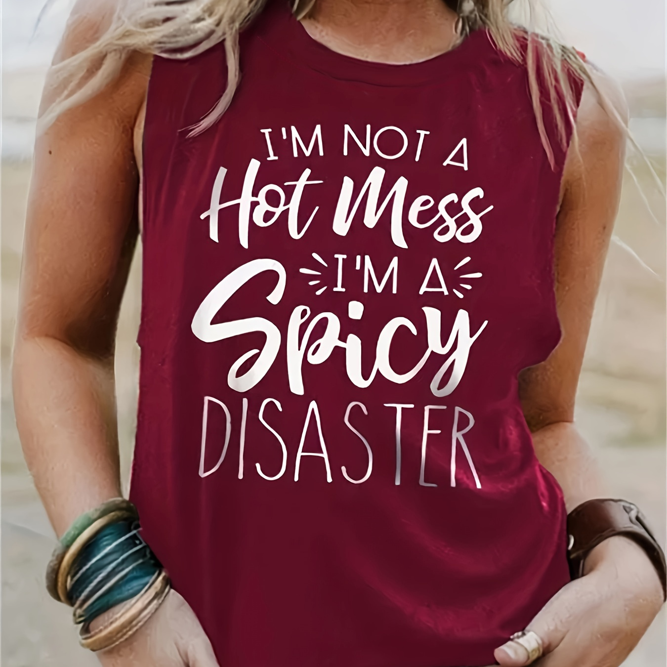 I'm Not A Hot Mess Letter Print Tank Top, Casual Crew Neck Summer Sleeveless Top, Women's Clothing