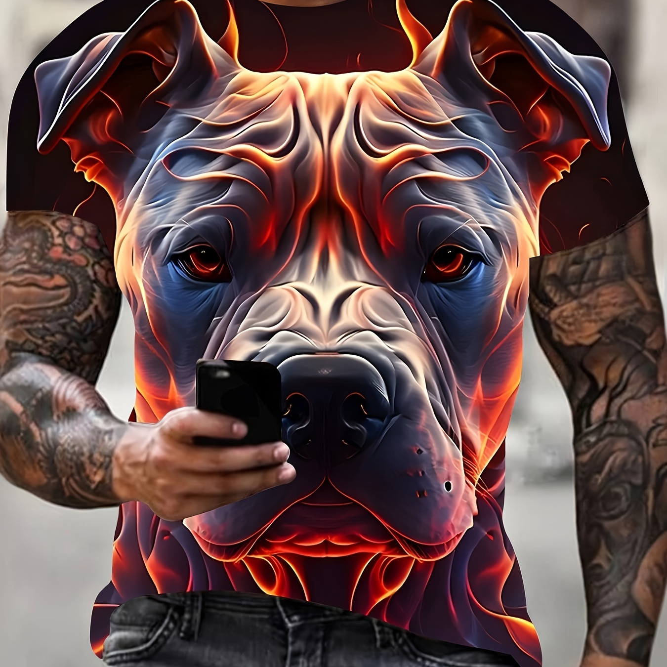 

Cool Dog Head 3d Graphic Print Men's Novelty Short Sleeve Crew Neck T-shirt, Summer Outdoor