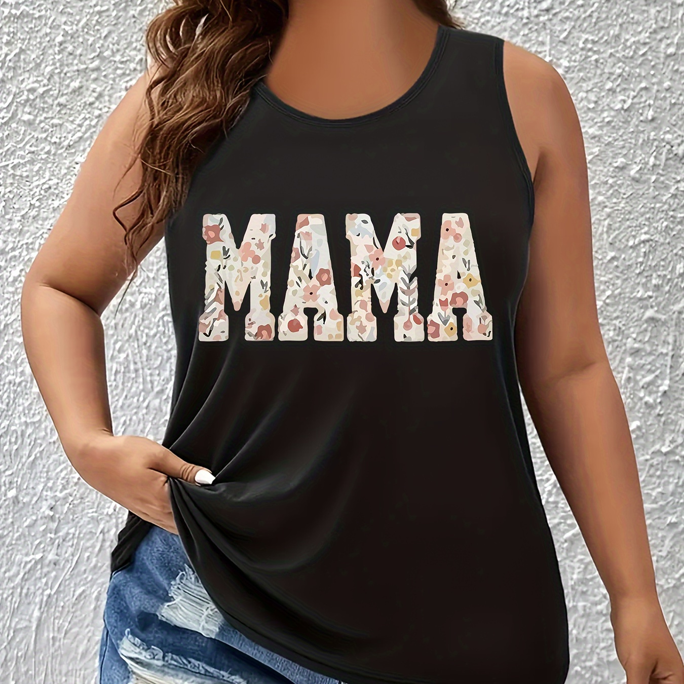 

Plus Size Mama Print Tank Top, Casual Sleeveless Crew Neck Top For Summer & Spring, Women's Plus Size Clothing