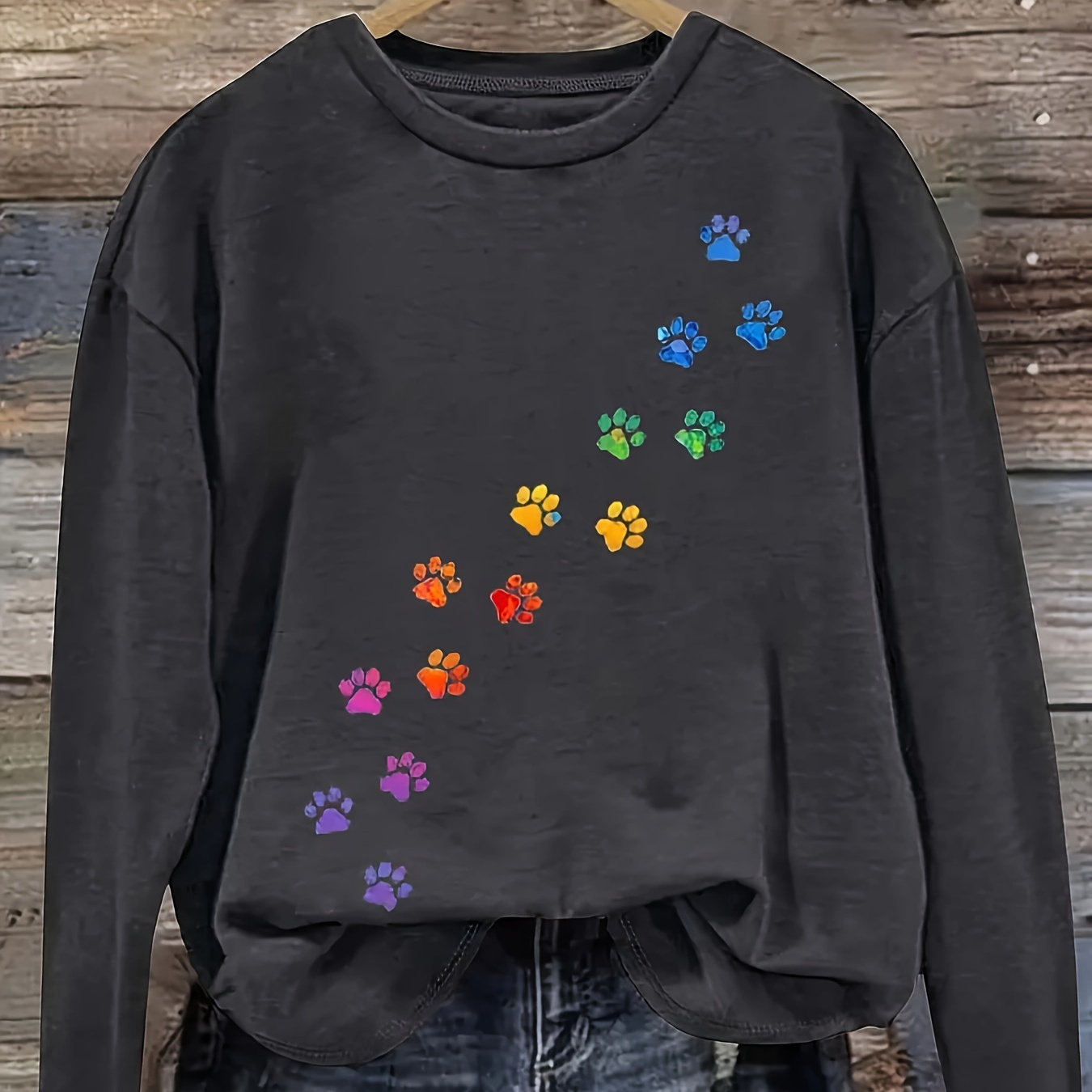 

Plus Size Casual Crew Neck Long Sleeve T-shirt, Polyester Knit Fabric With Slight Stretch, Geometric Paw Print Pattern For Women, For Spring/fall