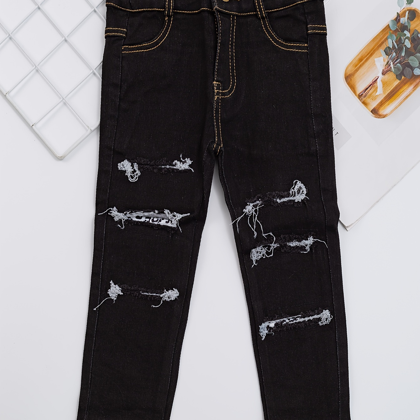 

Girls Classic Ripped Jeans Straight Leg Children's Casual Destroyed Denim Trousers High Stretch For Fall Spring