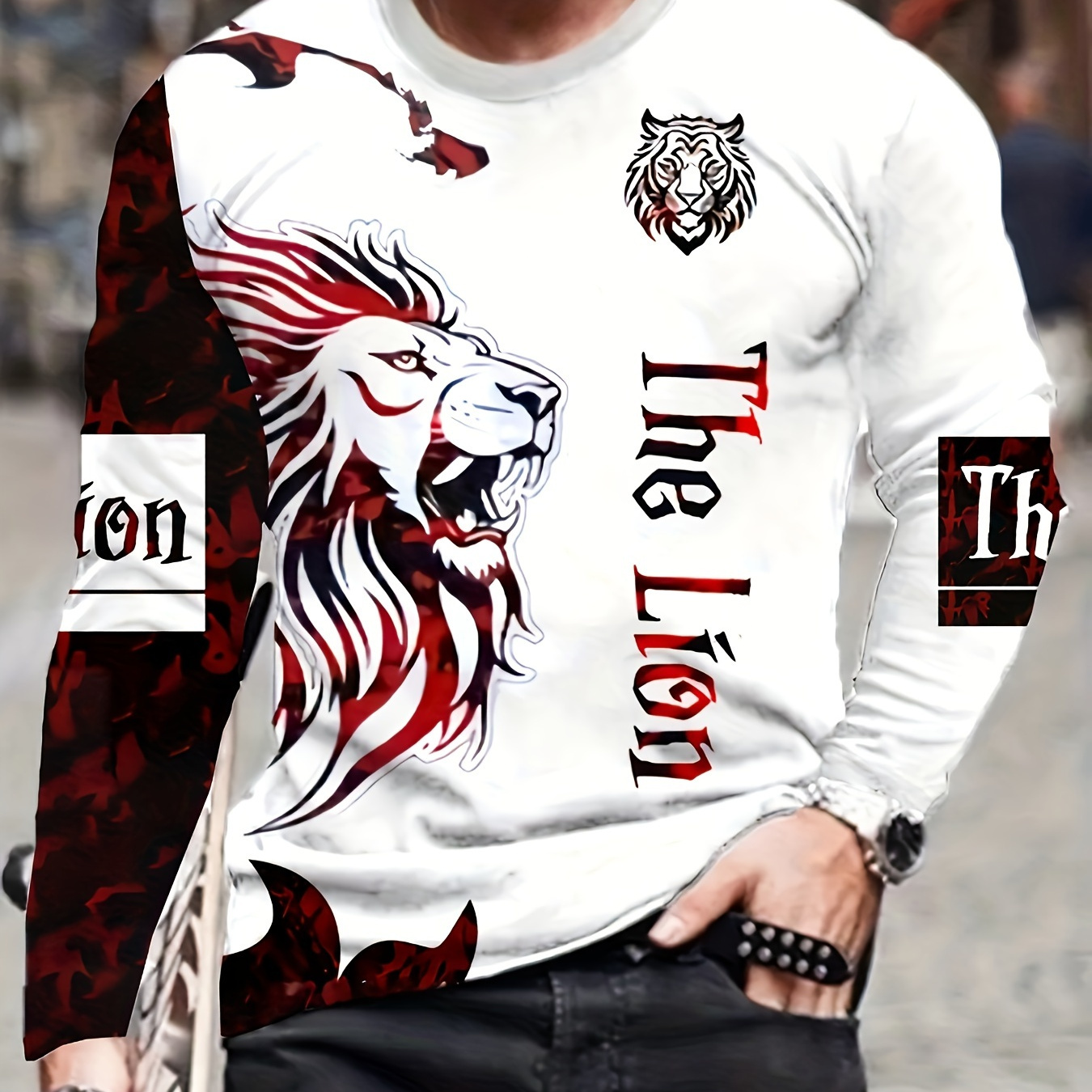 

Men's 3d Printed Lion Graphic Long Sleeve T-shirt - Casual Sports Top With Polyester Fabric, Knit Weave, Regular Fit For Adult Males - Fashionable Round Neck For Running, Exercise, Outdoor Activities