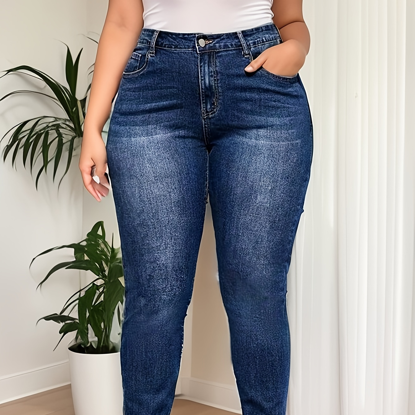 

Plus Size Casual Jeans, Women's Plus Washed Rolled Button Fly High Rise Medium Stretch Skinny Jeans