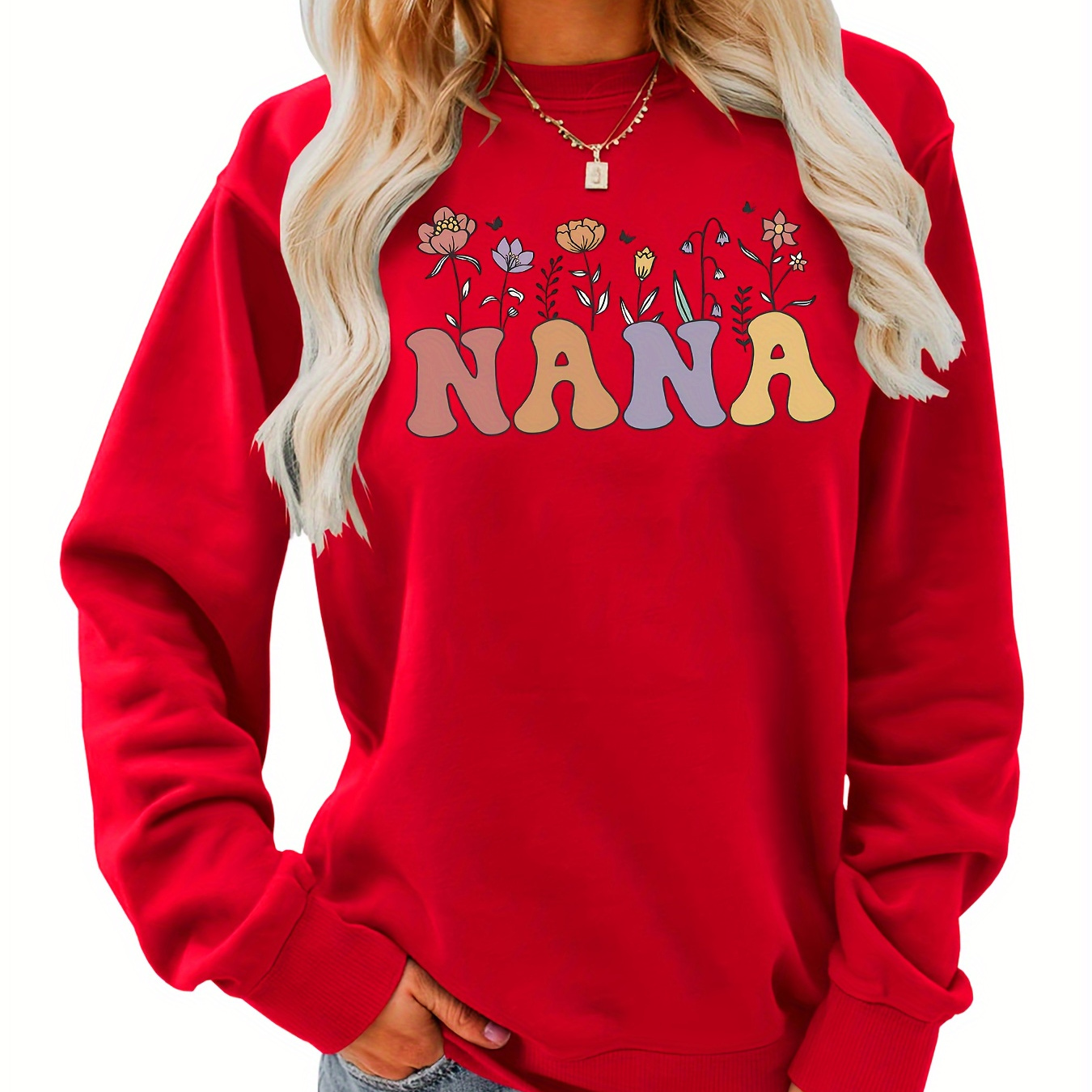 

Floral & Nana Letter Print Sweatshirt, Casual Crew Neck Long Sleeve Sweatshirt, Women's Clothing