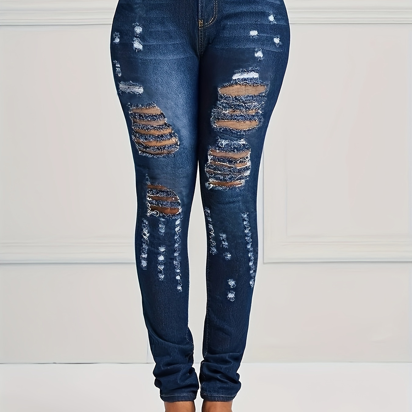 

Blue Ripped Holes Skinny Jeans, Distressed High Waist Slim Fit Slash Pockets Denim Pants, Women's Denim Jeans & Clothing