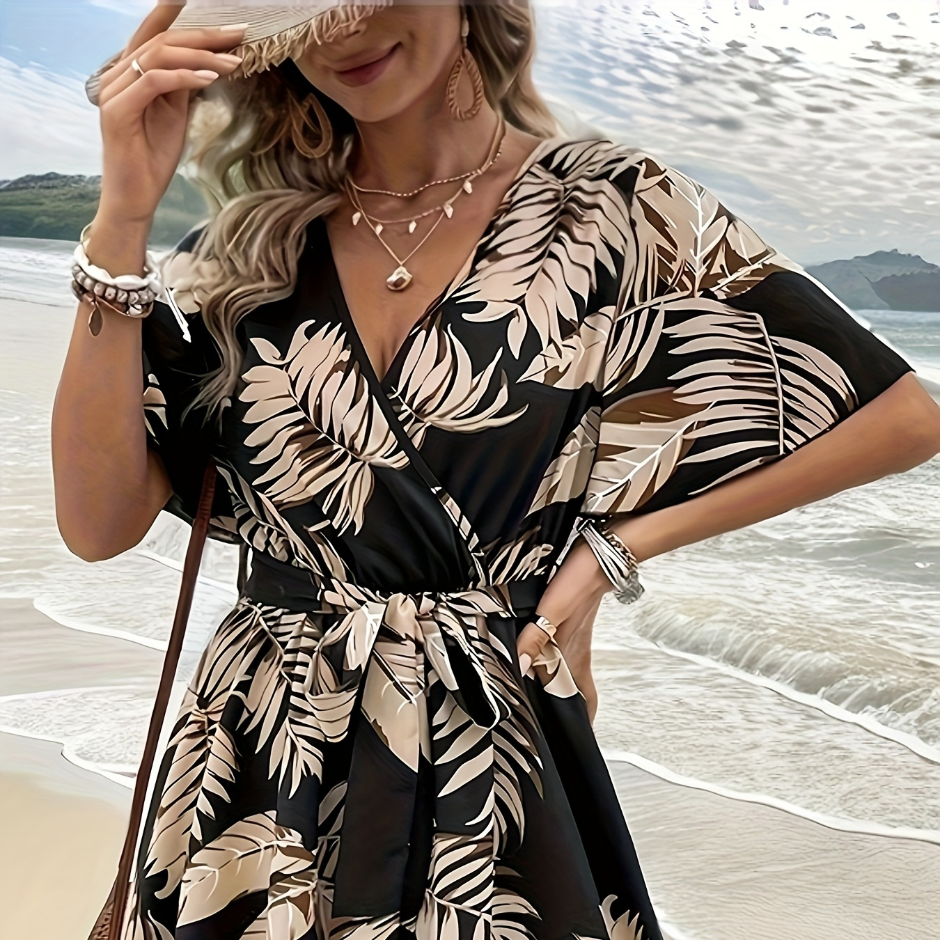 

Elegant Tropical Print V-neck Beach Romper For Women - Chic Short Sleeve Jumpsuit With Belt, Lightweight Polyester, Vacation