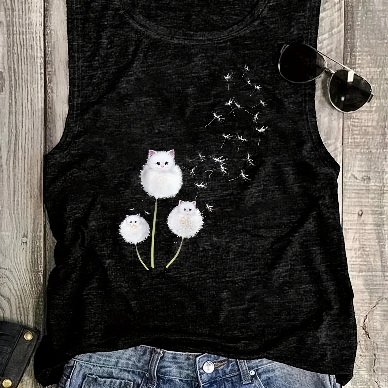 

1pc Cute Cat & Dandelion Print Sleeveless Top For Women, Polyester , Crew Neck, Casual Pullover, Knit Fabric, Regular Fit, Wear