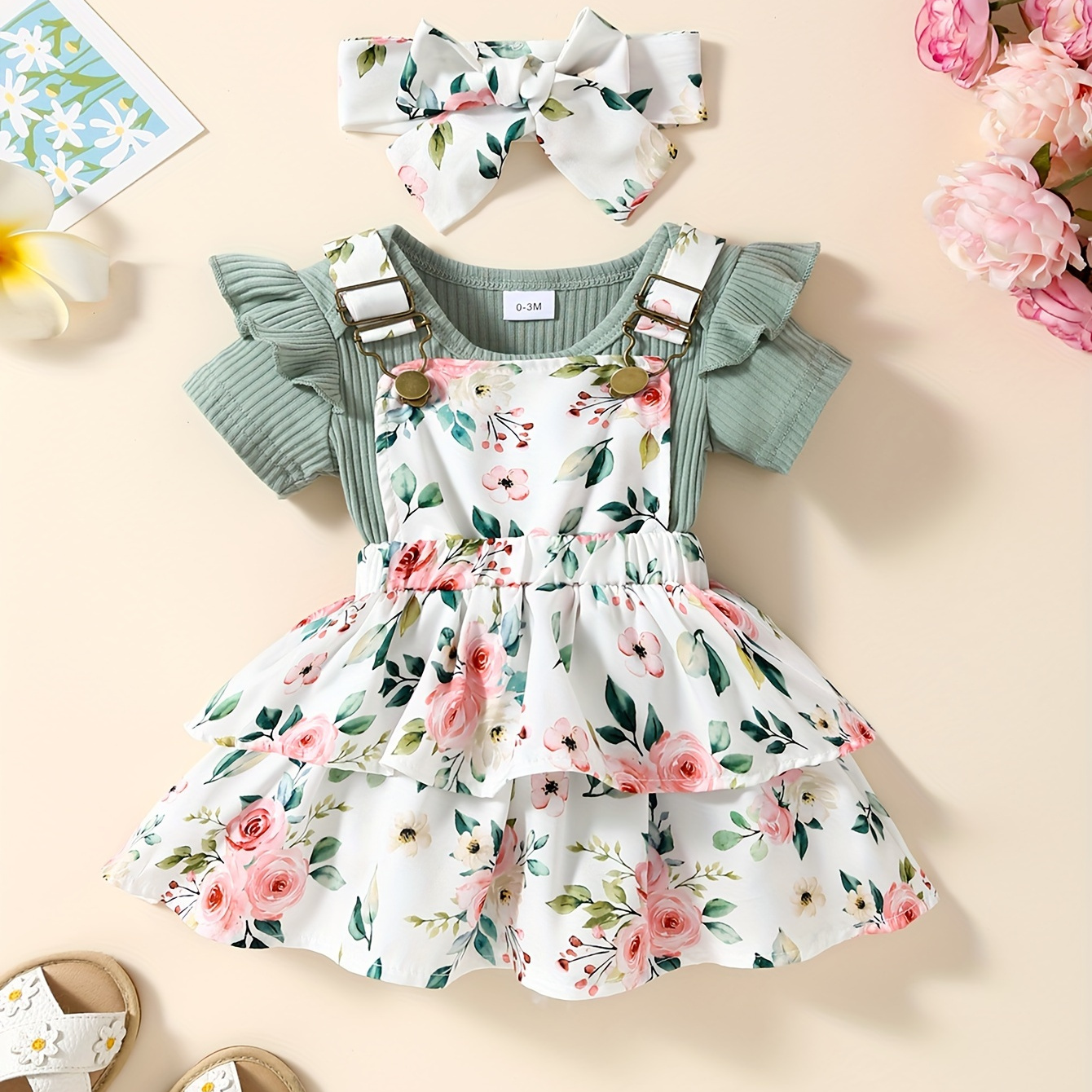 

Baby's Lovely Flower Pattern 2pcs Summer Outfit, Ribbed Bodysuit & Hairband & Suspender Overall Layered Dress Set, Toddler & Infant Girl's Clothes For Daily/holiday/party