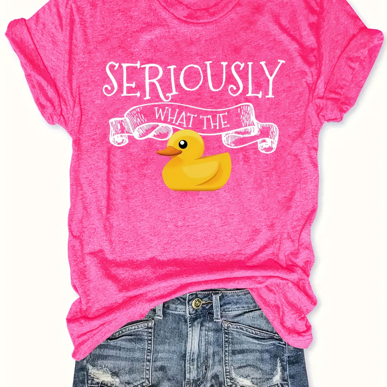 

Plus Size Duck & Letter Print T-shirt, Casual Short Sleeve Top For Spring & Summer, Women's Plus Size Clothing