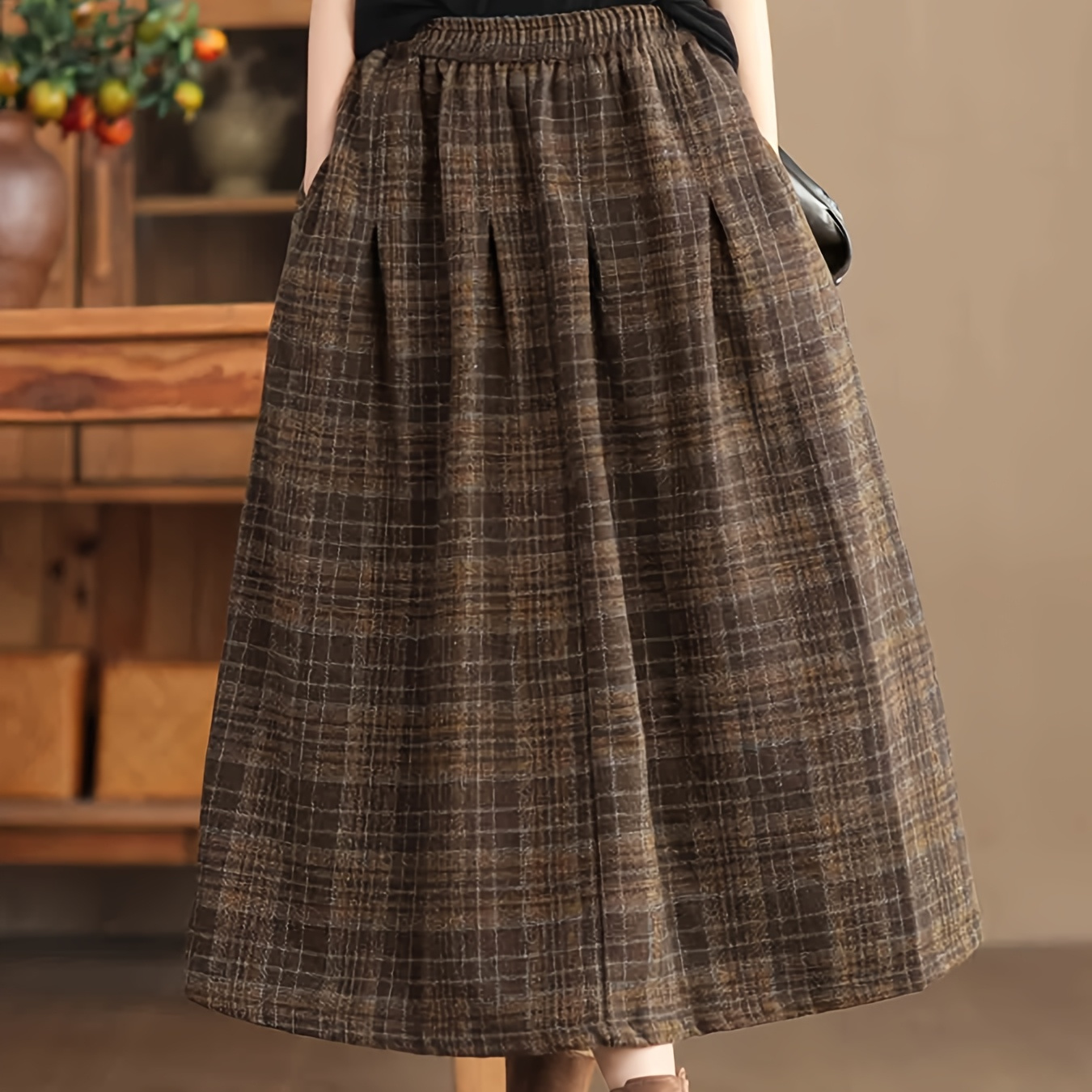 

Vintage Midi Skirt For Women - Warm, Non-stretch Polyester With Pockets, Waistband - Fall & Winter, Comfortable Fashion|classic Checkered Pattern|polyester Fabric