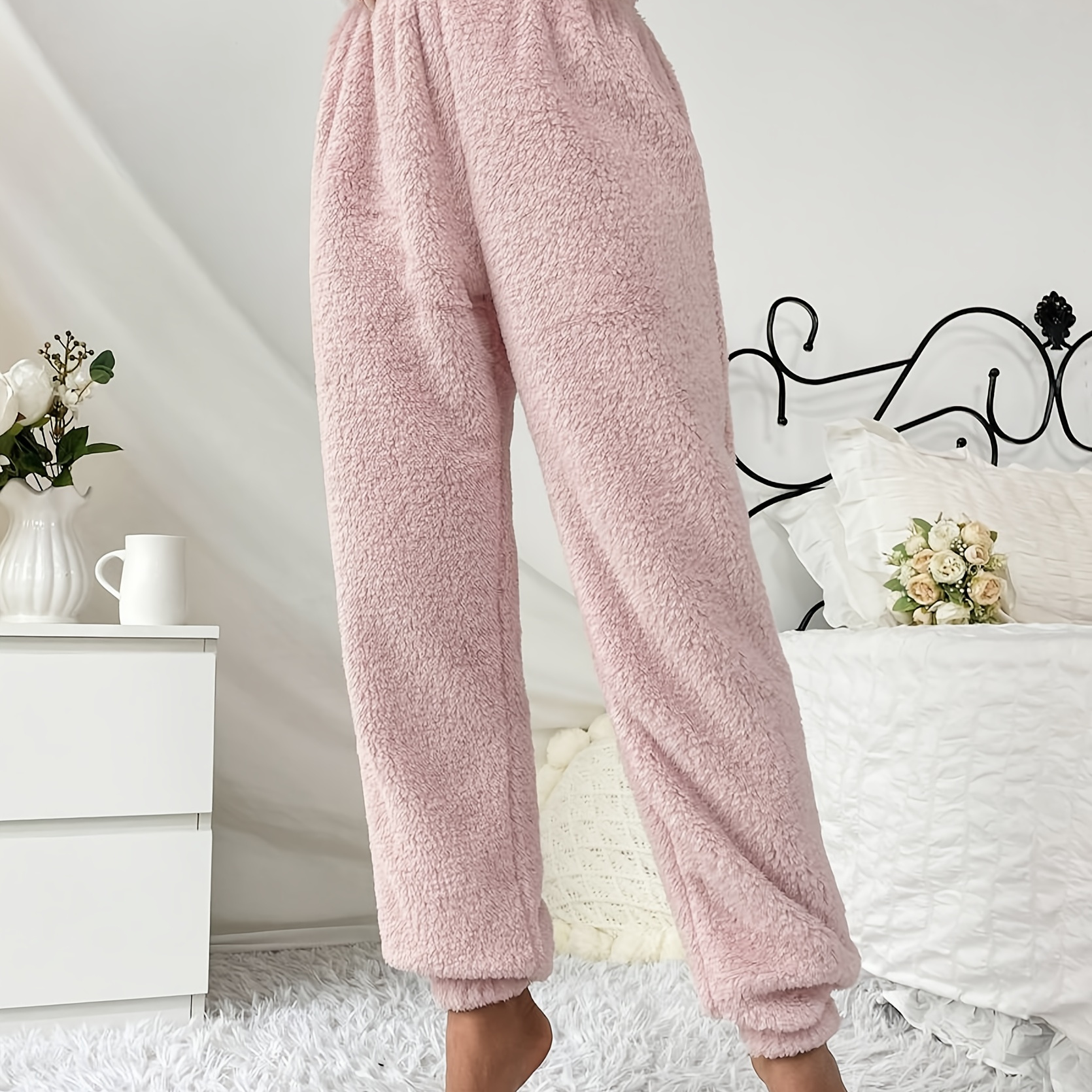 

Cozy Fleece-lined Women's Clothing Pants - High Waist, For Fall/winter, Machine Washable