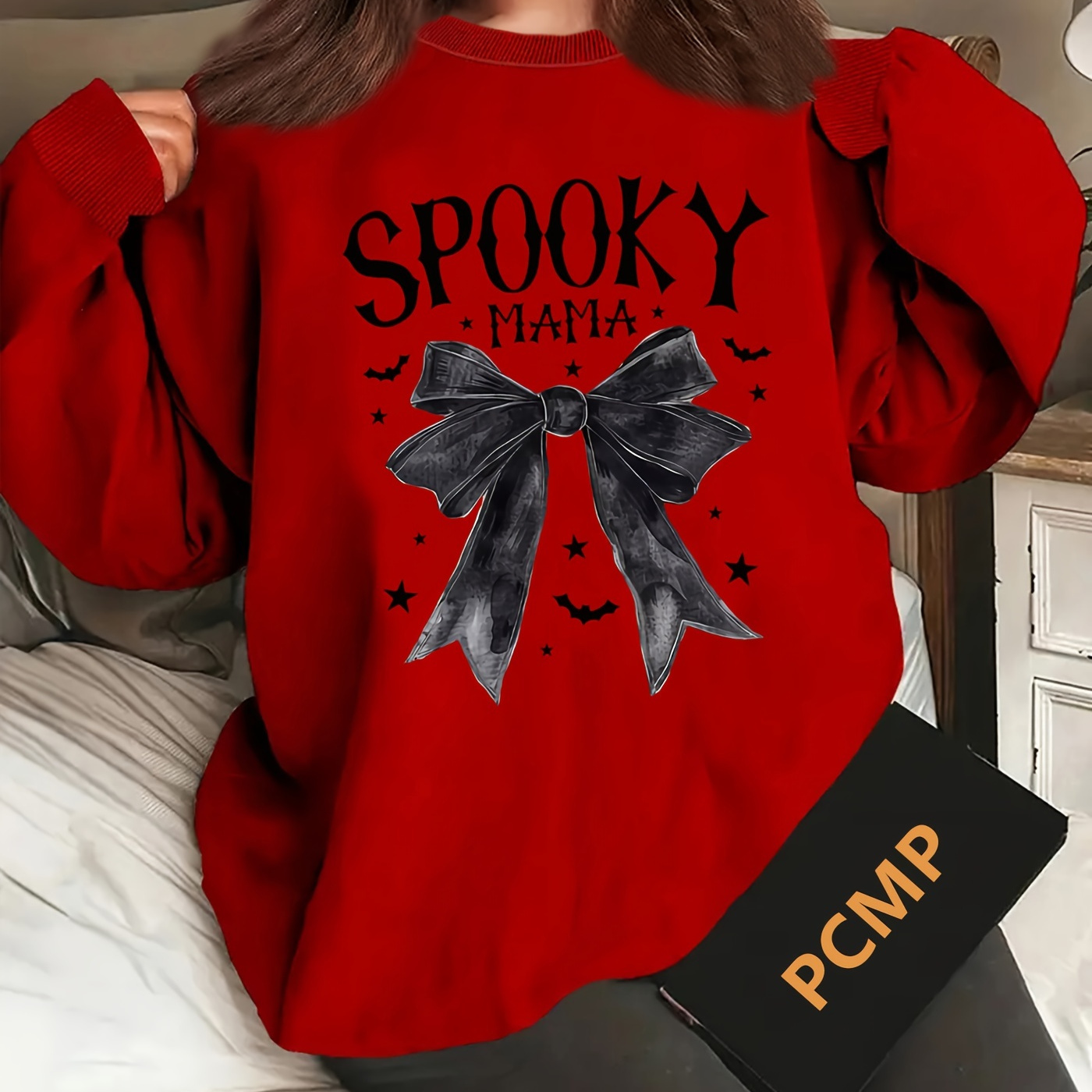 

Plus Size -themed Sweatshirt With Long Sleeves, Spooky Mama Graphic, Casual Crew Neck Pullover, 100% Polyester Knit Fabric With Slight Stretch - Oversized Fit For All Seasons