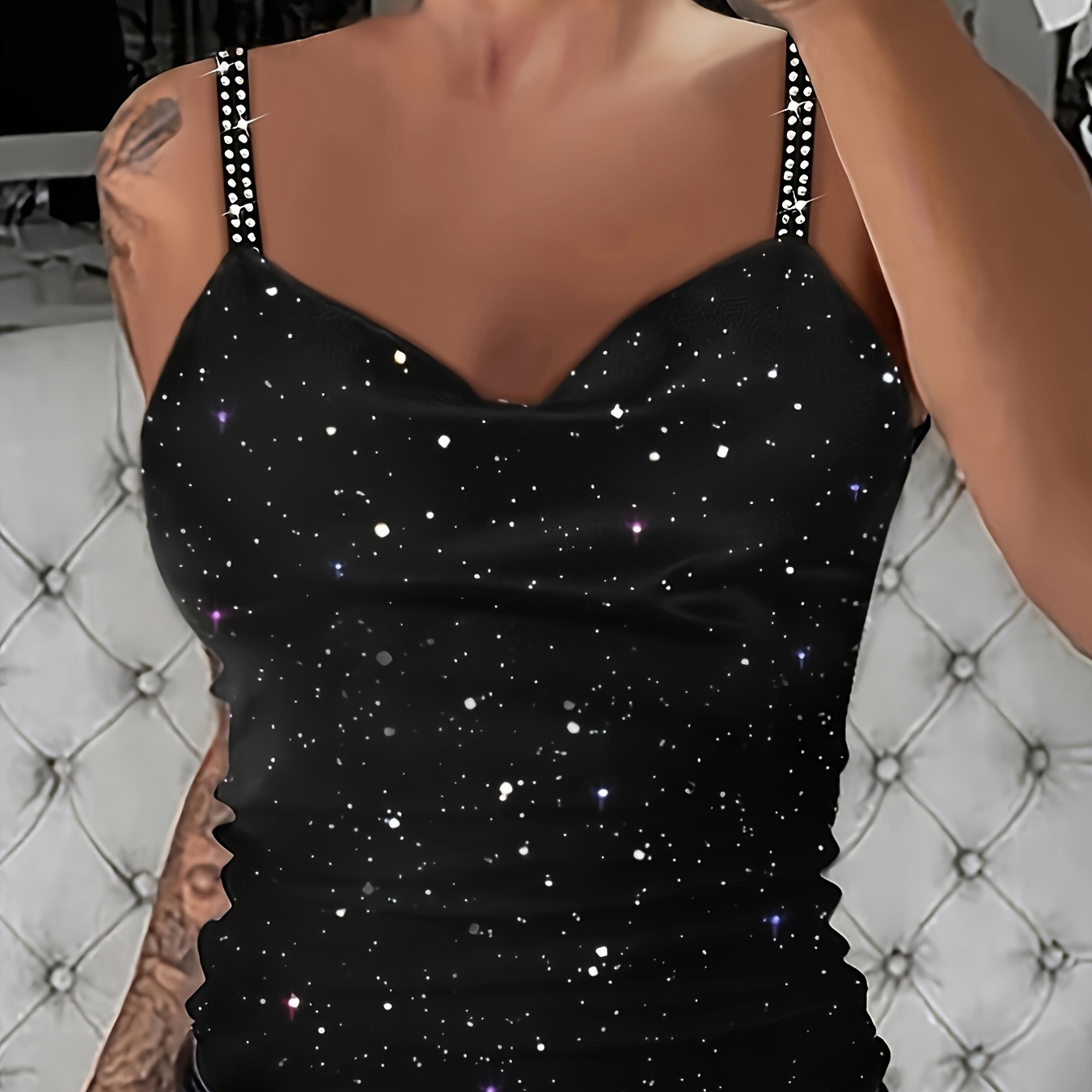 

New Women's Rhinestone Tank Top With Sequined Straps, A Stylish And Sexy Top For Women.