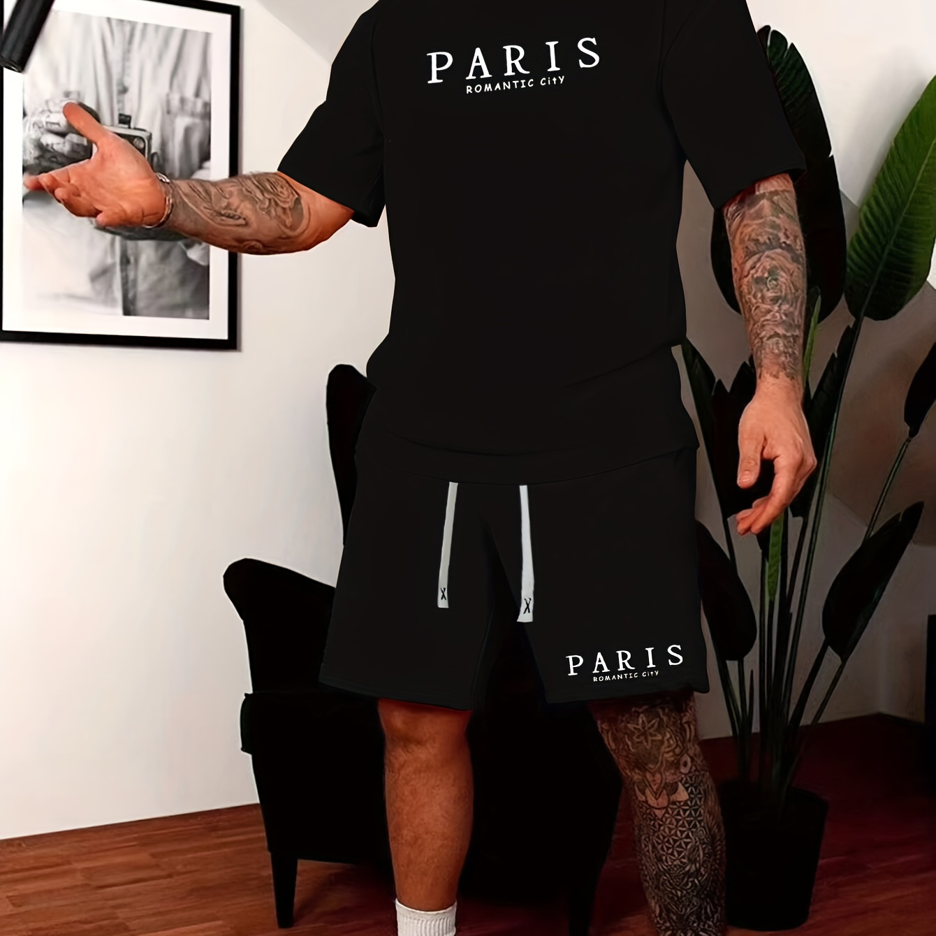 

2-piece Men's Paris Alphabet Print Summer Outfit Set, Men's Short Sleeve Crew Neck T-shirt & Drawstring Shorts With Pockets