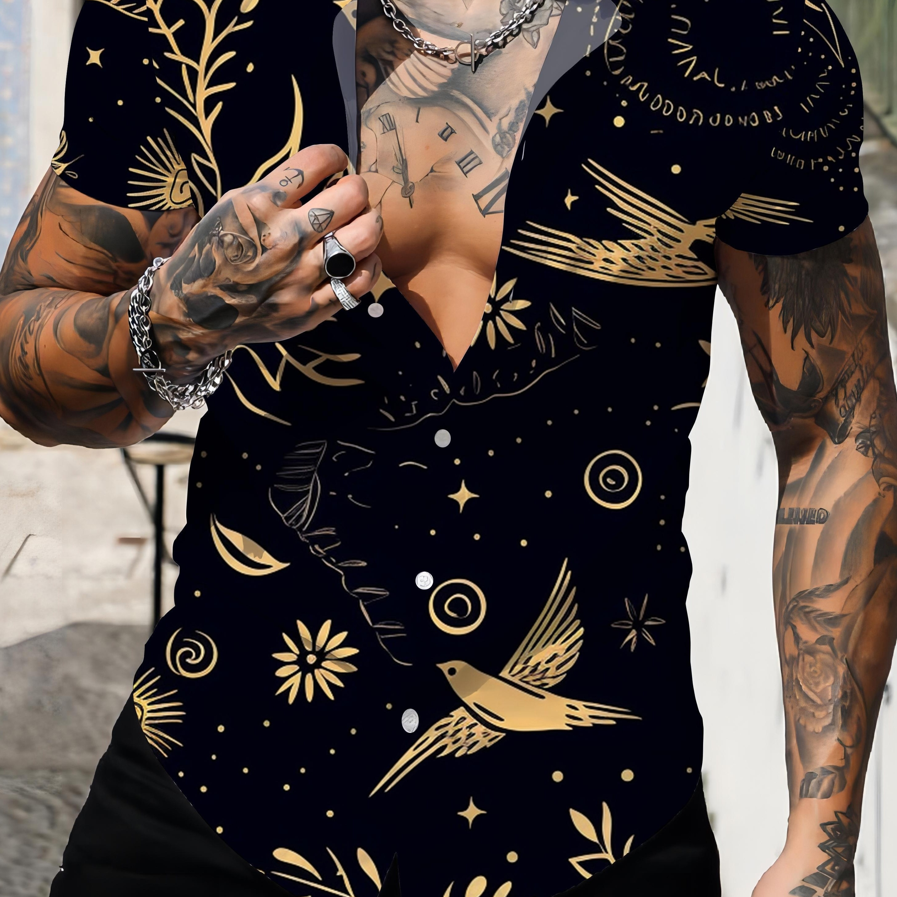 

Men's 3d Print Fashion Short Sleeve V-neck Button Down Shirts, Men's Summer Clothes, Casual Graphic Tops, Men's Novelty Pajamas Tops