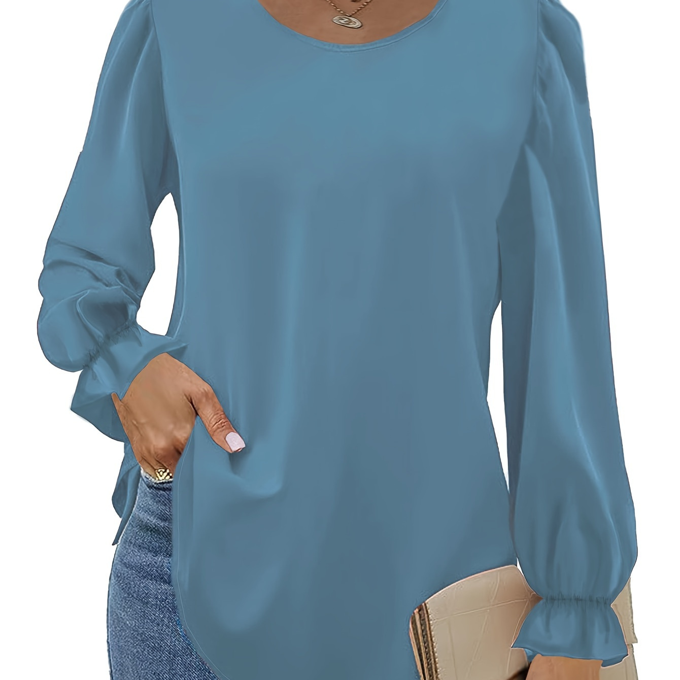 

Crew Neck Plain Color Loose Blouse, Casual Long Sleeve Blouse For Spring & Fall, Women's Clothing