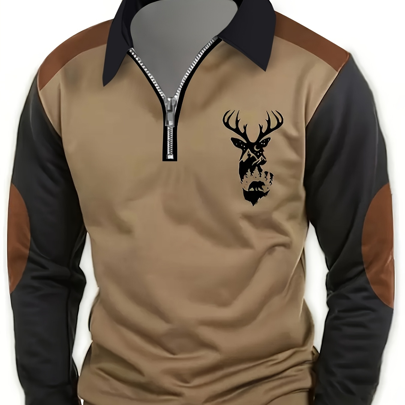 

Men's Deer Print Golf Shirt - Casual Half-zip, Stand Collar, Long Sleeve In & Black - Lightweight Polyester For Outdoor Activities