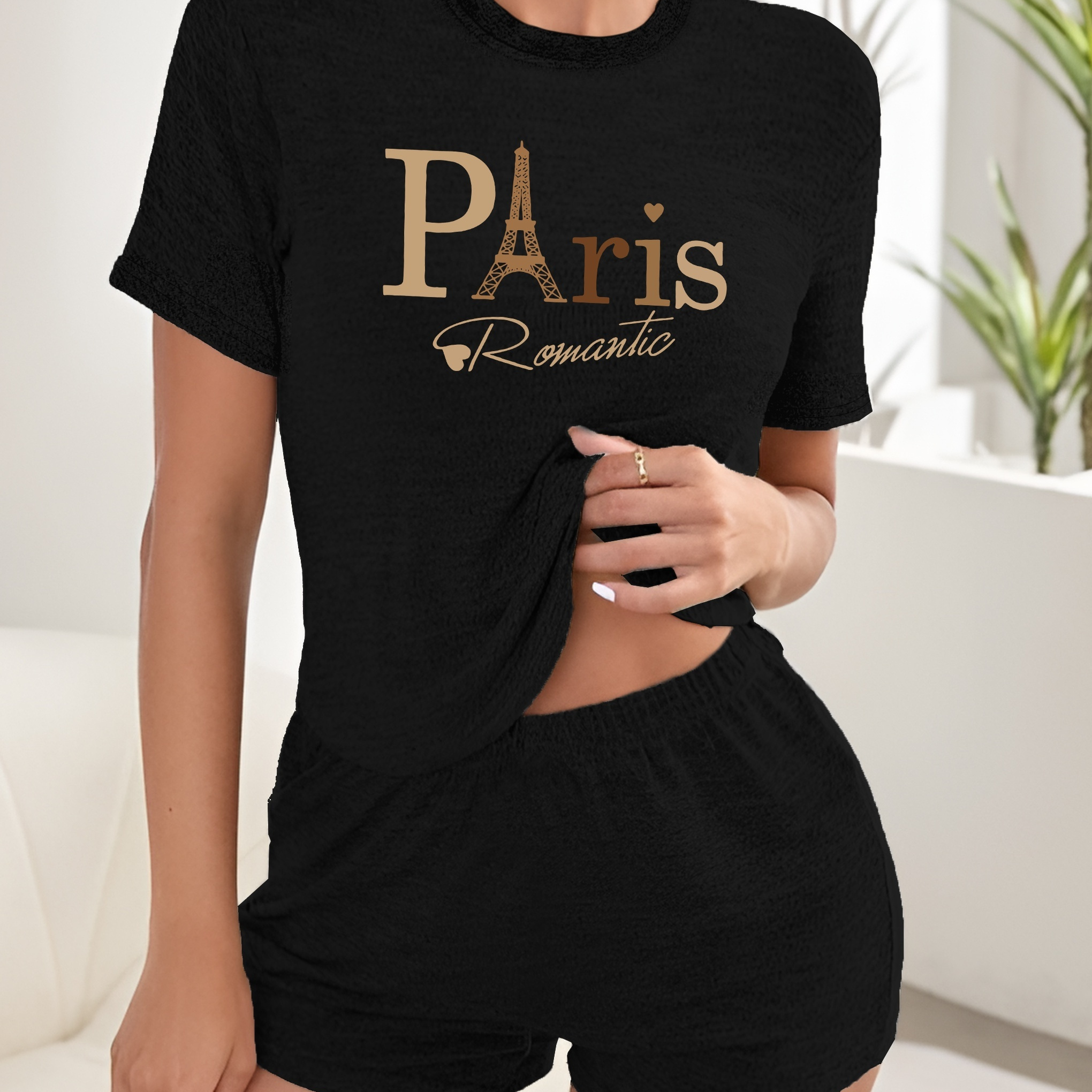 

Letter Print 2 Piece Set, Short Sleeve T-shirt & Shorts, Women's Clothing