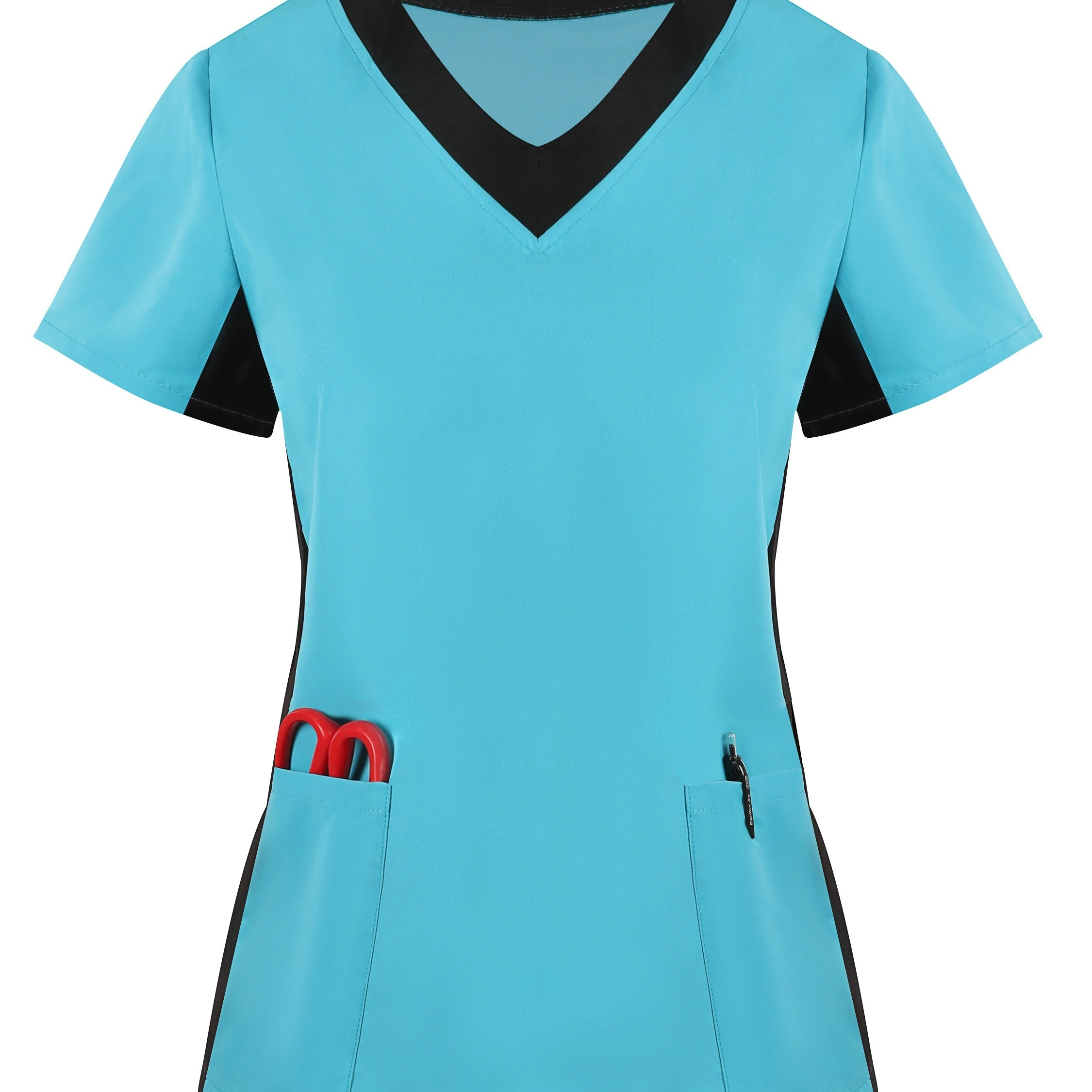 

Plus Size Colorblock Trim Pockets Top, Short Sleeve V Neck Health Care Uniform For Nurse, Women's Plus Size clothing