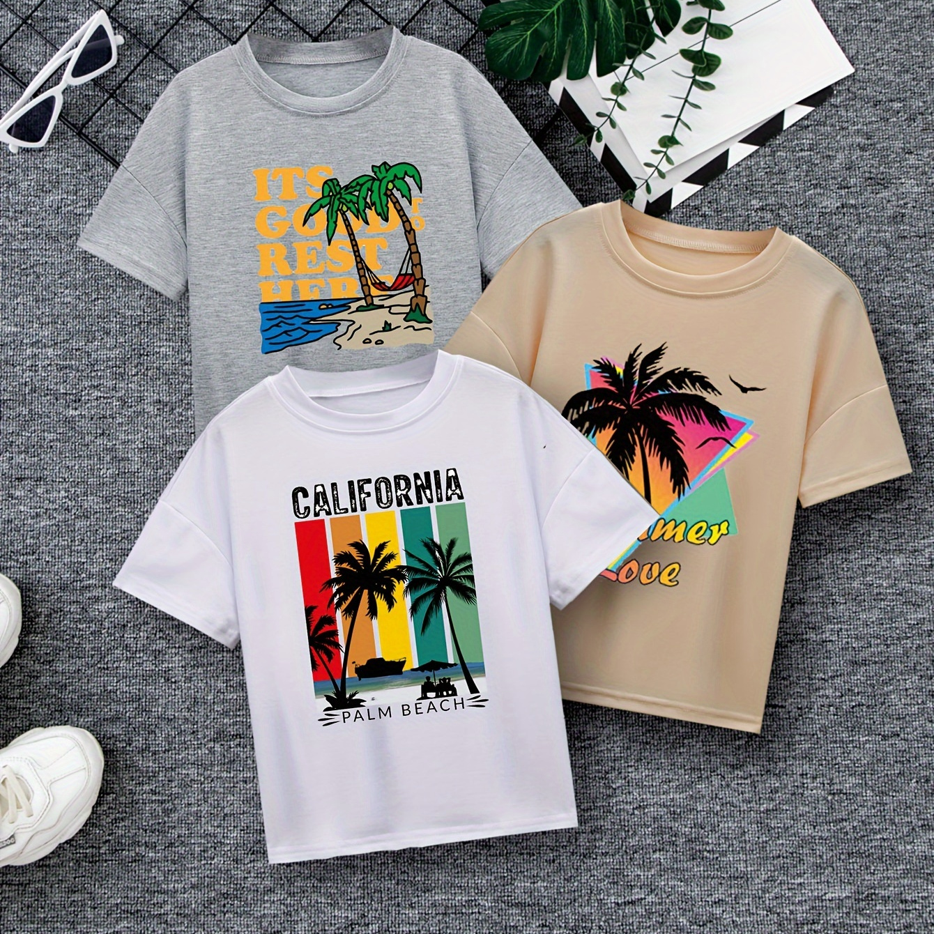 

3pcs Beach Vibes Graphic Print Casual Short Sleeve T-shirt For Boys, Comfy Lightweight Versatile Trendy Tee, Boys Summer Outfits Clothes