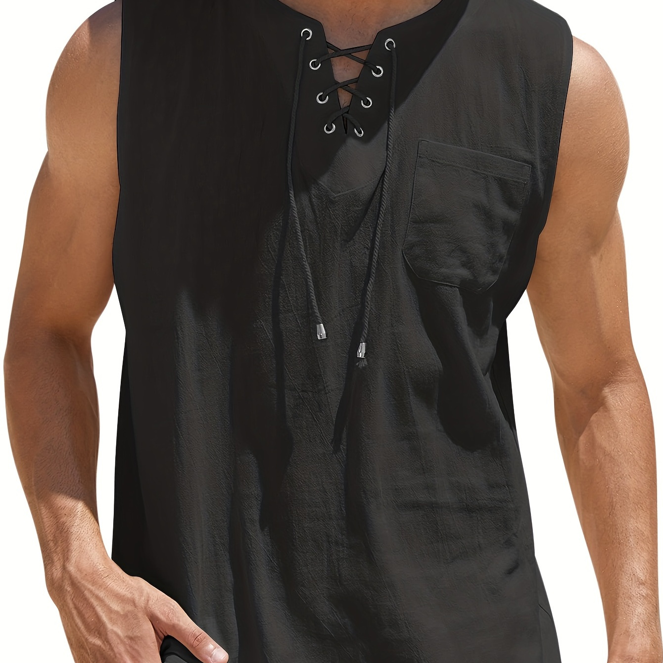 Plus Size Men's Solid Color Vest, Trendy Sleeveless Henley Shirt, Simple Daily Outdoor Plus Size Men T-shirt