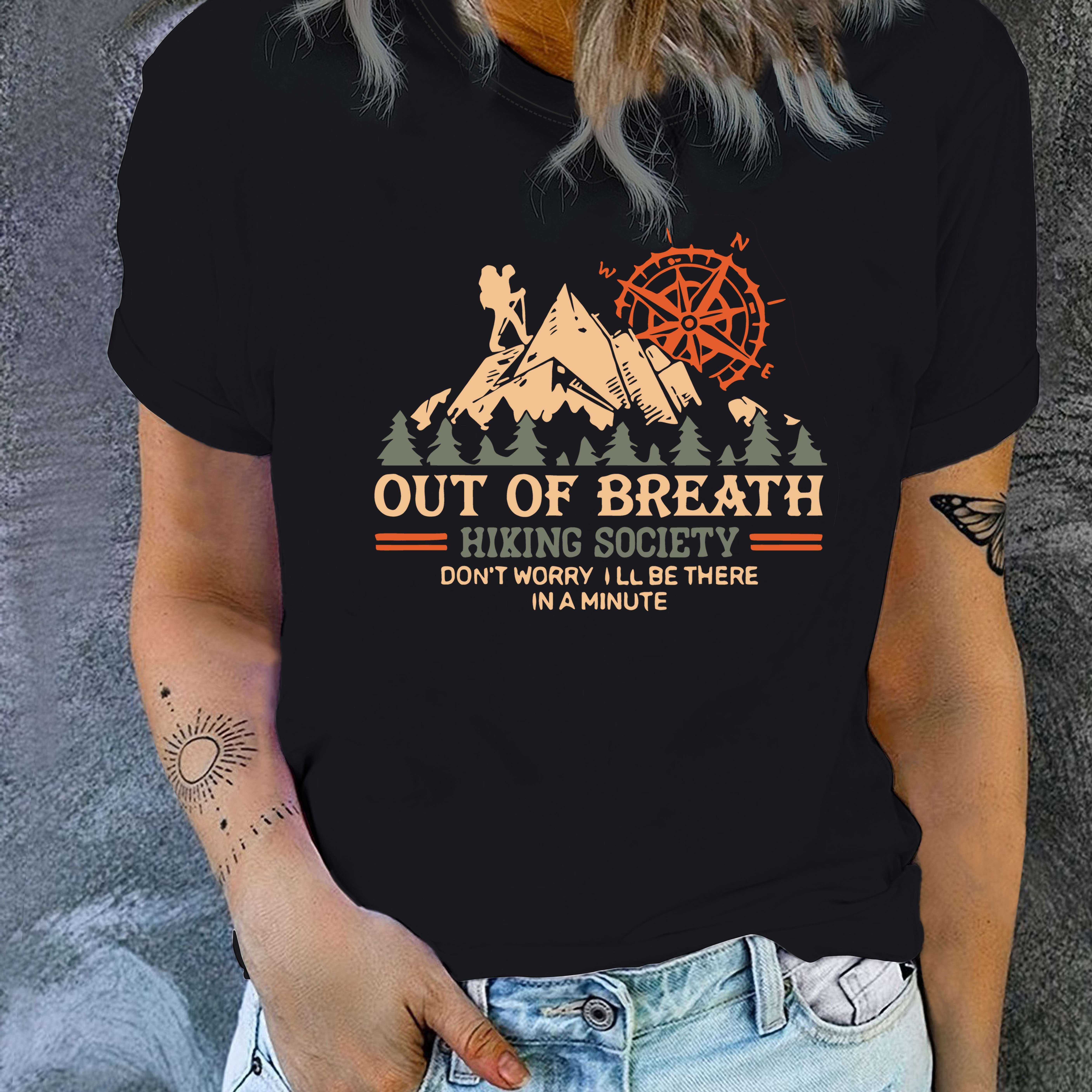 

Women's "out Of Breath Hiking Society" Printed Casual Black Tee, Round Neck Short-sleeve Fashion Top With Humorous Graphic