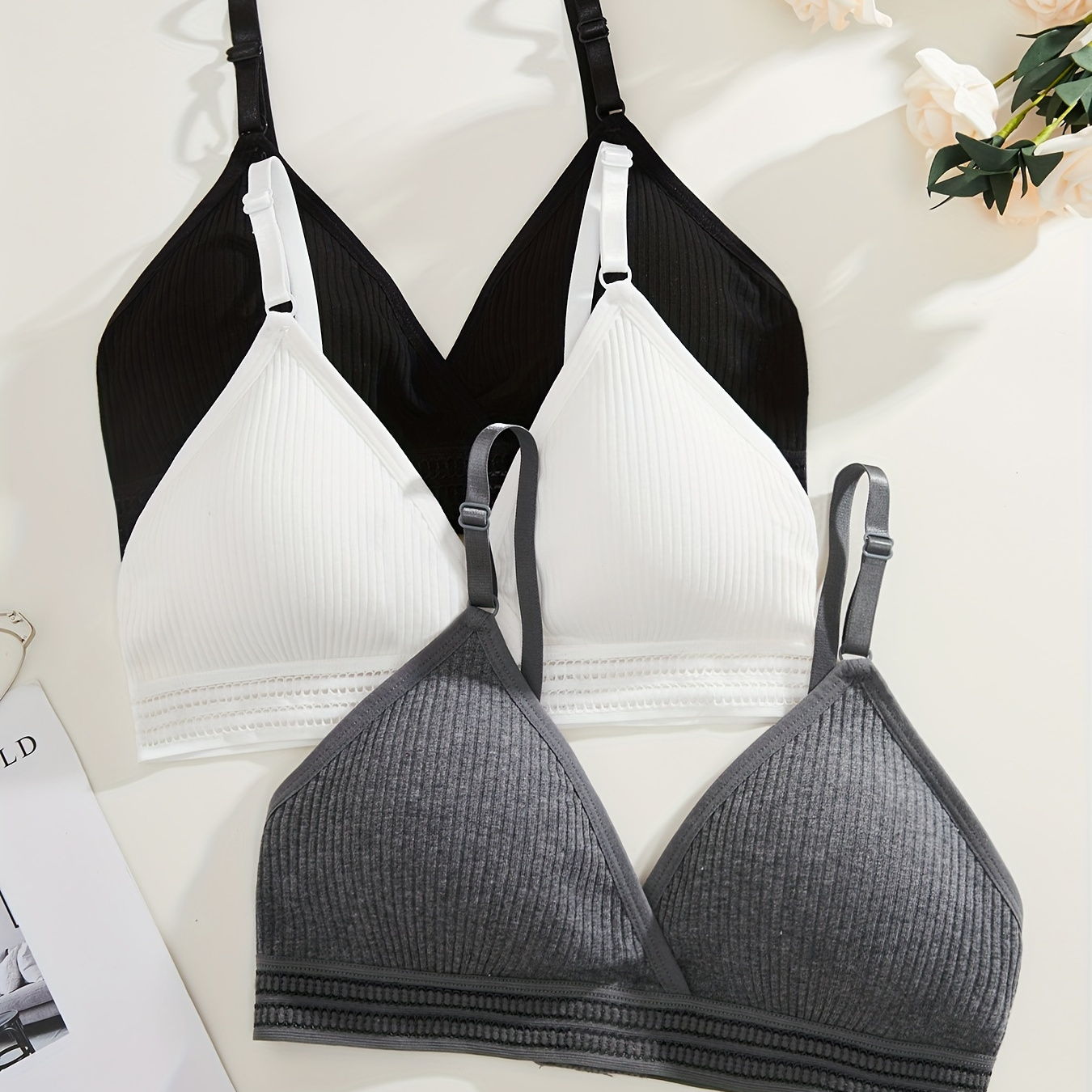 

3-pack New Style Triangle Cup Bras With Removable Pads, Comfortable Wireless Bra, Casual Style, Multiple Colors