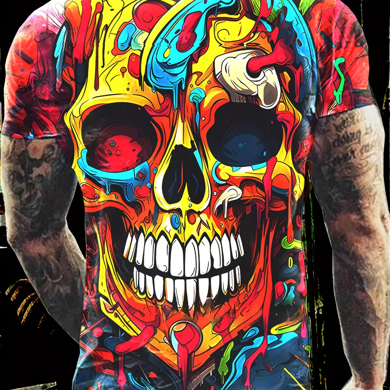 

Colorful Graffiti Skull Head 3d Graphic Print Men's Short Sleeve Crew Neck T-shirt, Summer Outdoor Streetwear