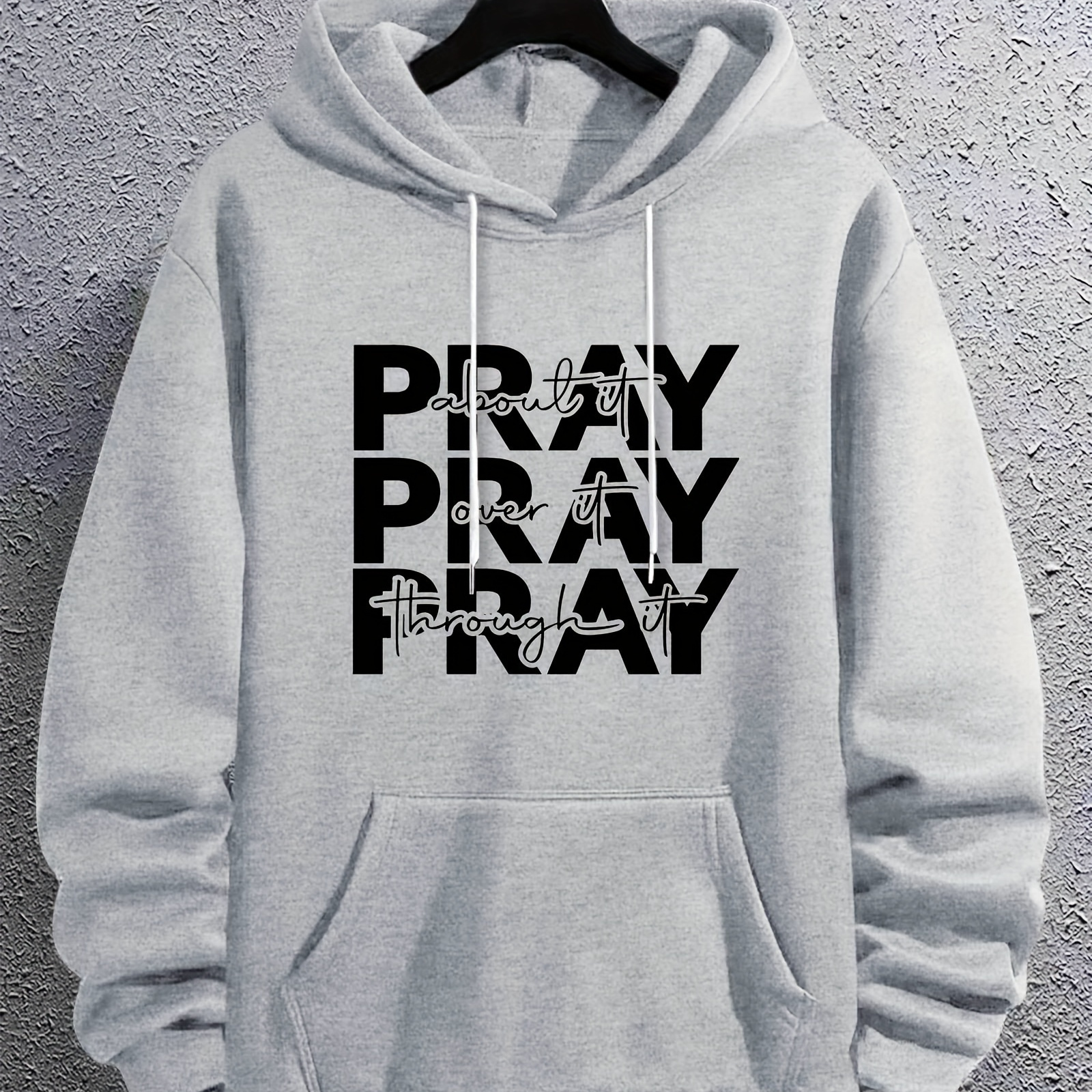 

Pray Print Kangaroo Pocket Hoodie, Casual Long Sleeve Hoodies Pullover Sweatshirt, Men's Clothing, For Fall Winter