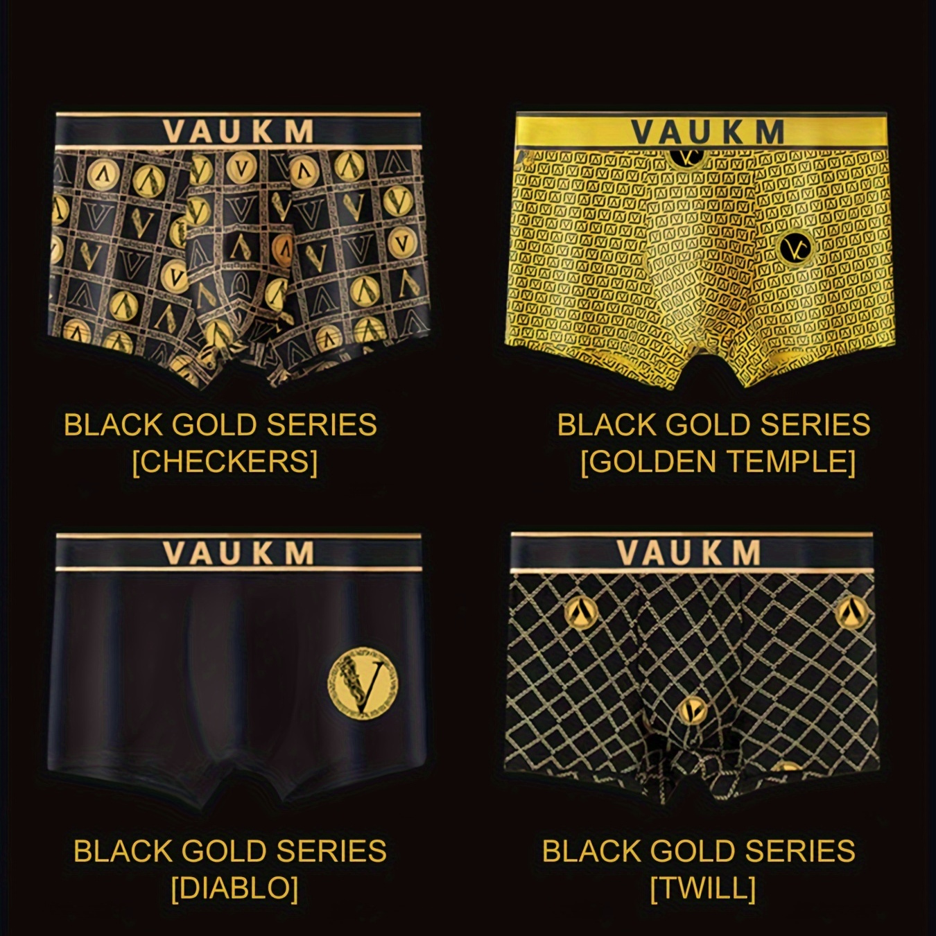 

4pcs Men's Black Gold Antibacterial Underwear, Casual Boxer Briefs Shorts, Breathable Comfy Stretchy Boxer Trunks, Sports Shorts
